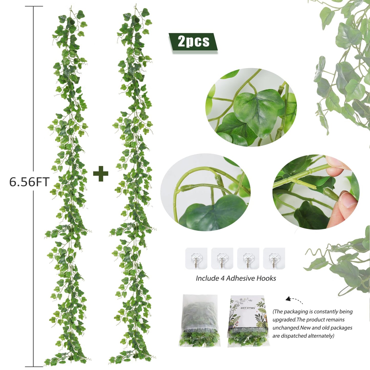 RECUTMS Artificial Vines Ivy Garlands 2Pcs 6.56Ft Fake Greenery Plant Faux Green Grape Leaves Rattan Hanging Decor for Indoor Outdoor Home Wedding Beach Birthday Party Garden Table Arch Backdrop Decor