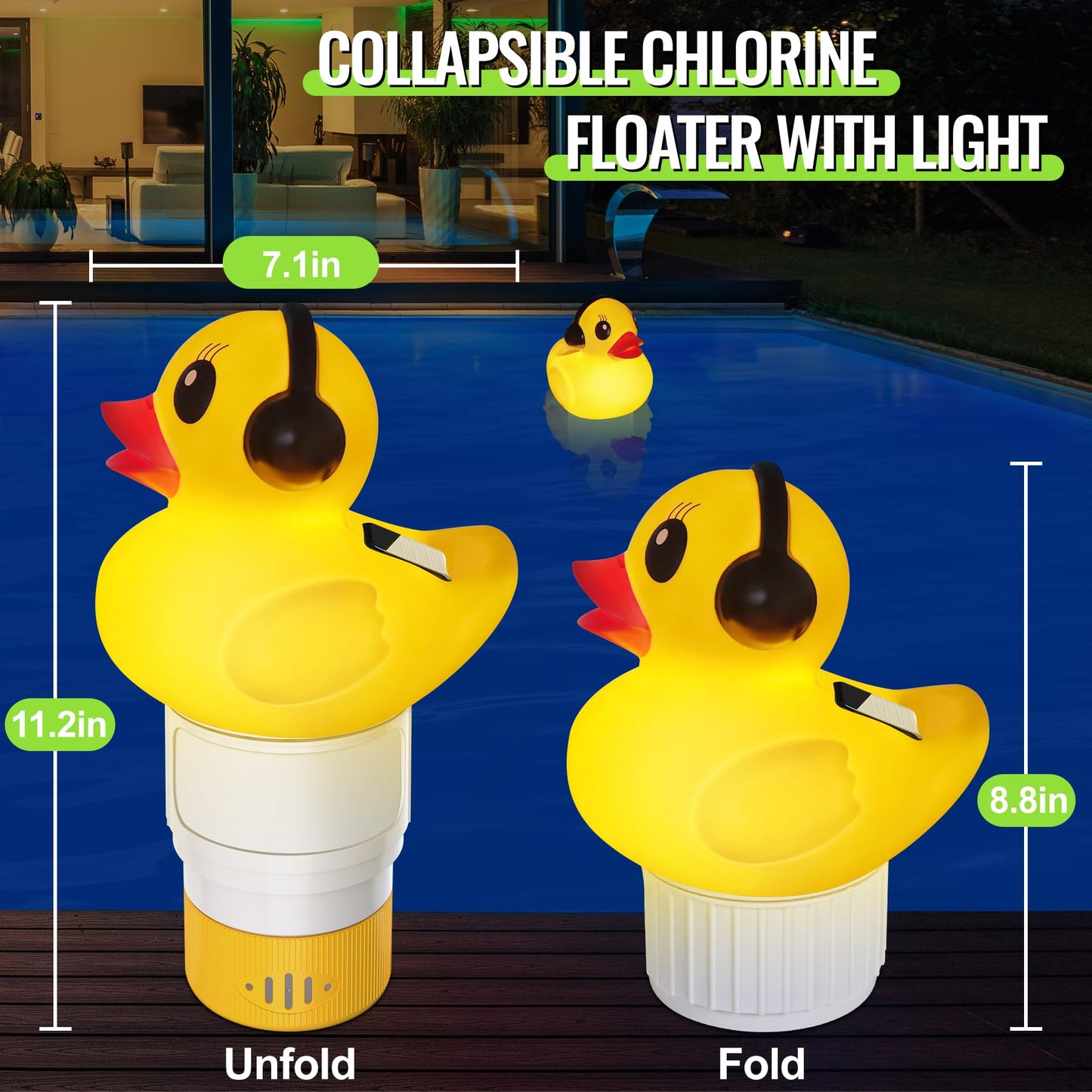 Pool Chlorine Floater with Light,Duck Chlorine Floaters with Adjustable Flow,Solar Chlorine Floater with Large Capacity,Collapsible Floating Chlorine Dispenser for Pool,Hot Tub Chlorine Floater