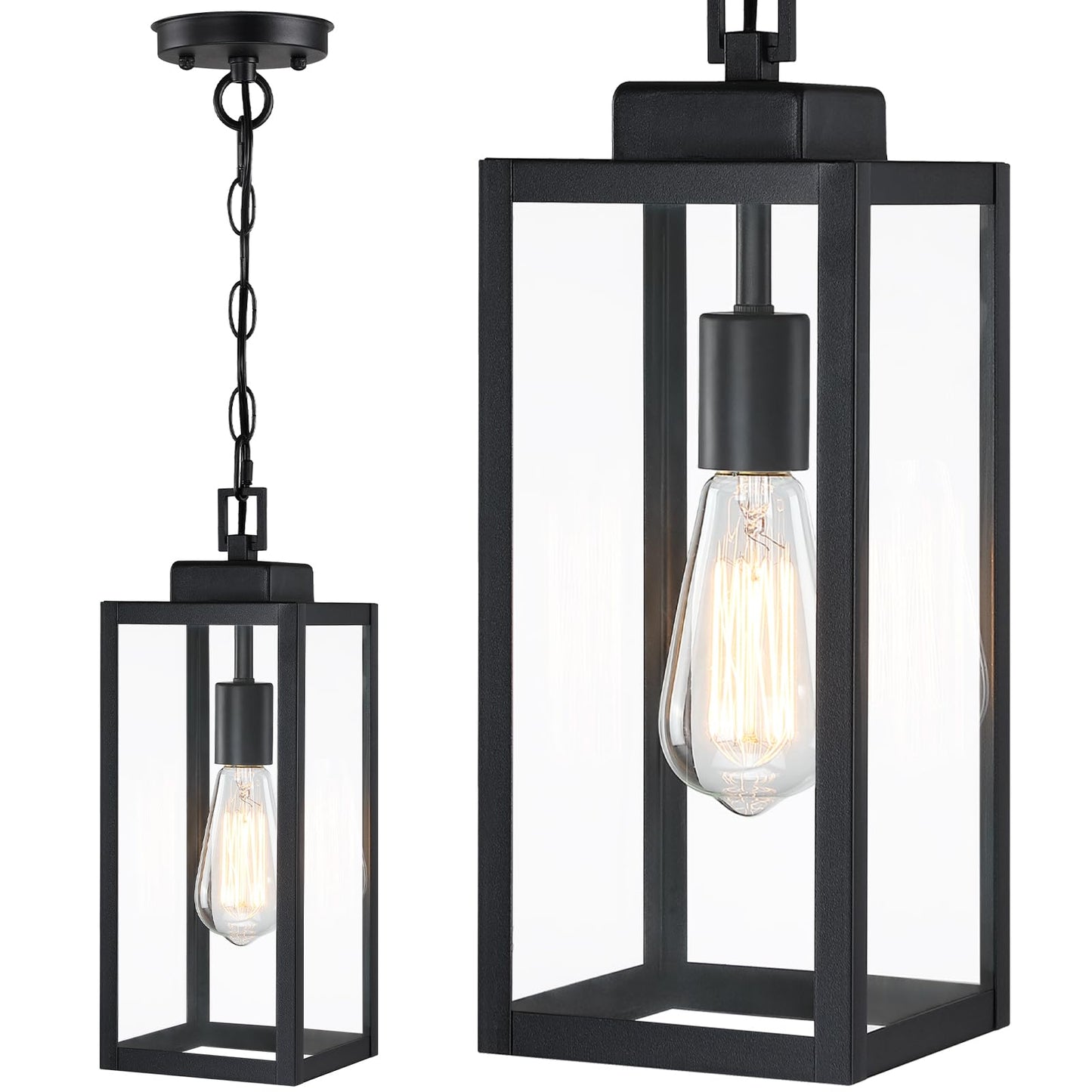 15'' Outdoor Pendant Light, Modern Outside Chandelier Outdoor Hanging Lantern Light, Matte Black with Clear Glass, Exterior Pendant Lighting Fixture for Porch, Yard, Gazebo, 1Pack