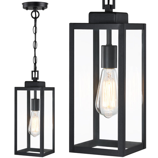 15'' Outdoor Pendant Light, Modern Outside Chandelier Outdoor Hanging Lantern Light, Matte Black with Clear Glass, Exterior Pendant Lighting Fixture for Porch, Yard, Gazebo, 1Pack