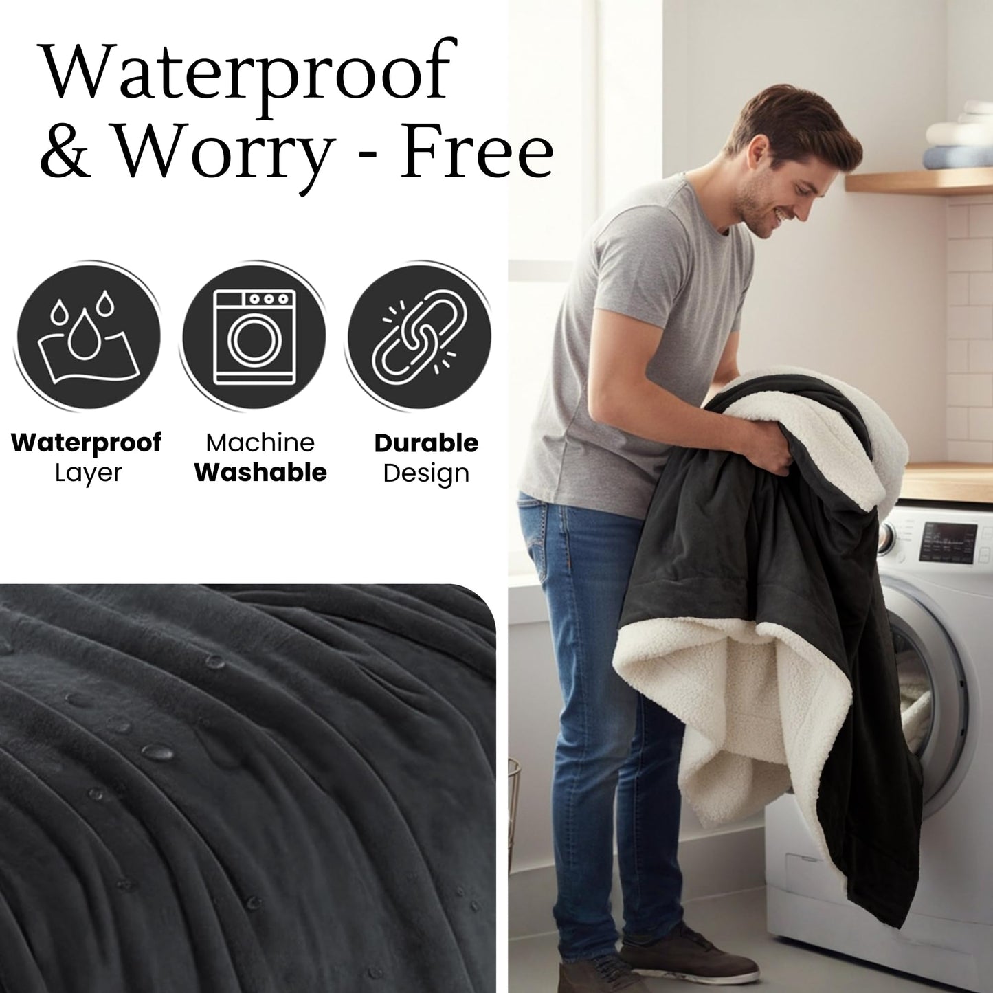 CREW FLX Waterproof Blanket for Bed (80"x60" Queen Size) – Reversible Plush Sherpa Fleece, Moisture Absorbent TPU Layer, Stain Proof Mattress & Couch Protector – Machine Washable - Black