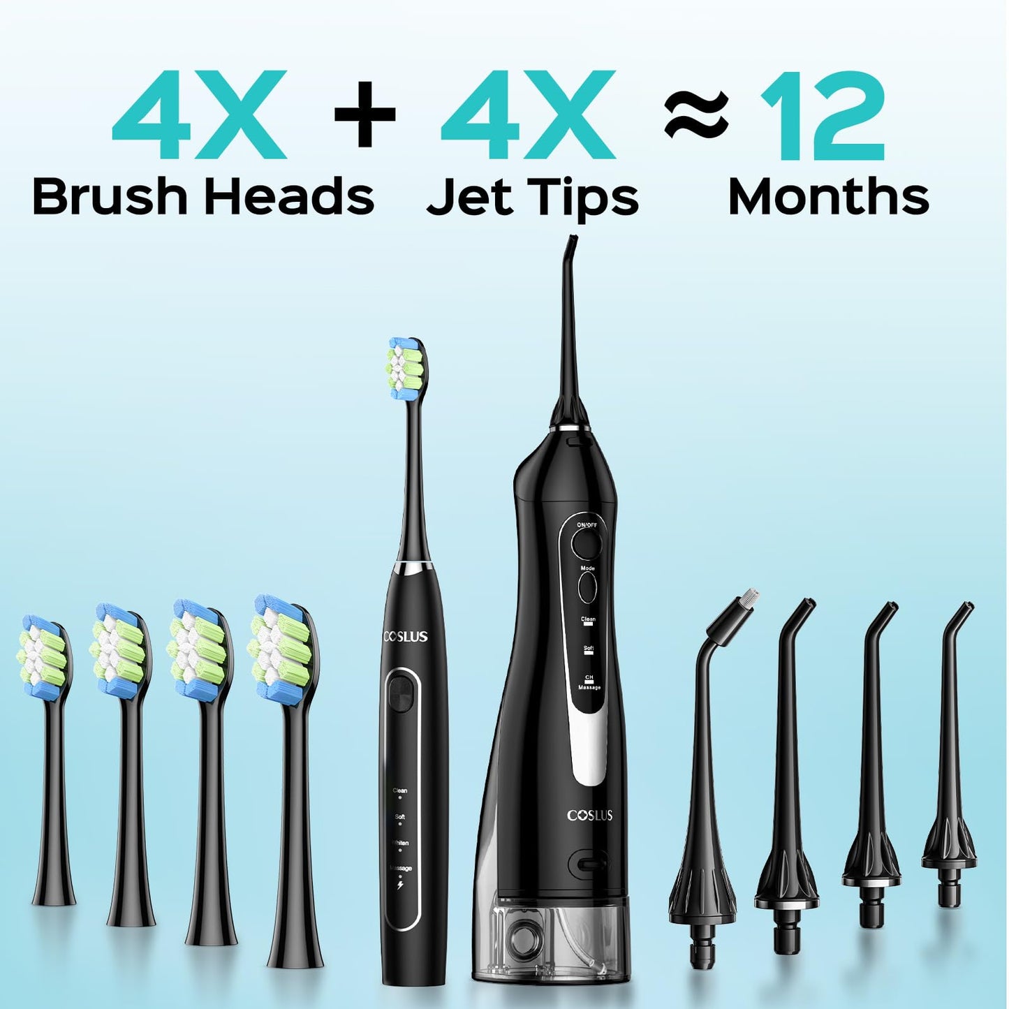 COSLUS Water Teeth Flosser & Electric Toothbrush Combo: 2-in-1 Portable Deep Cleaning Kit, Sonic Toothbrush and Pick with Multiple Modes & 4 Tips 4 Brushes for Family, IPX7 Waterproof, Black, C20&C41