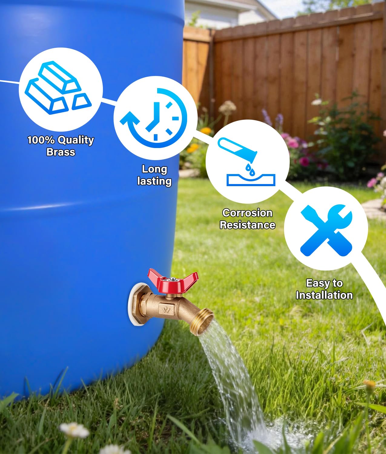 WADEO 2PCS Brass Rain Barrel Spigot Kit, Quarter Turn Ball Valve Spigot with Bulkhead Fitting, Rain Barrel Kit for Any Including 5 55 Gallon Drum Spigot Bucket