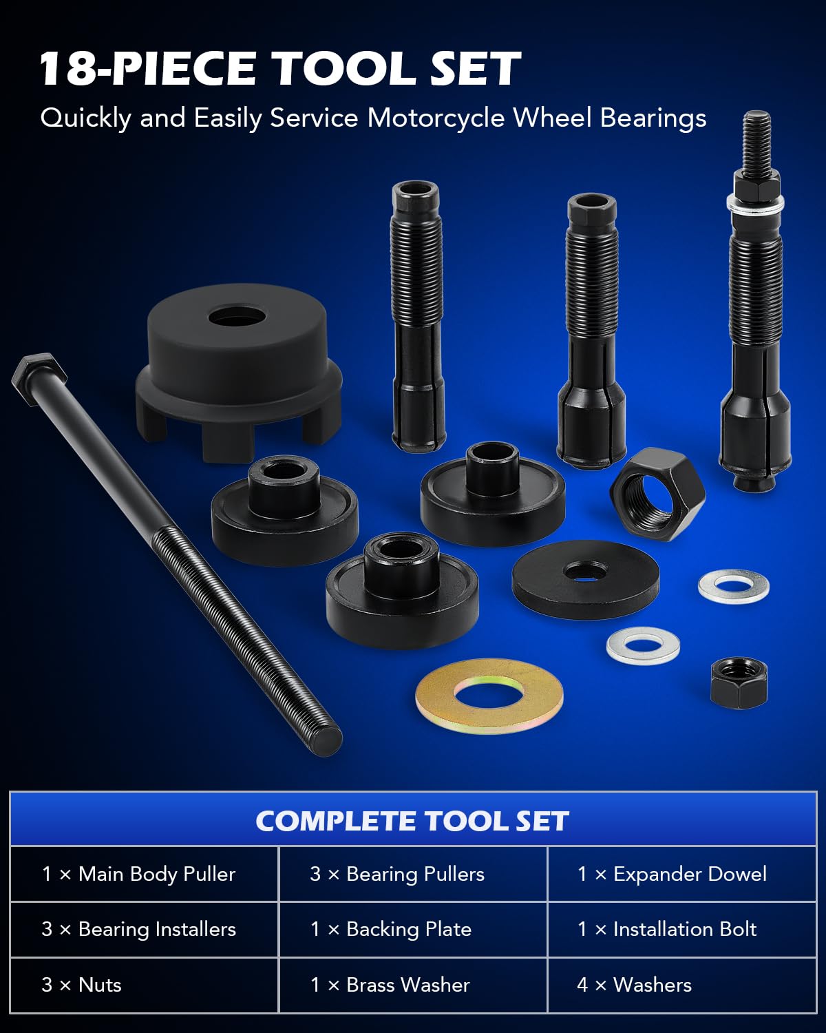 Orion Motor Tech Wheel Bearing Puller Tool Kit Compatible with Harley Davidson Motorcycles | Wheel Bearing Remover Installer Tool Set for 0.75" 1" 25mm Bearings Compatible with Hogs from 2000, 11 Pcs