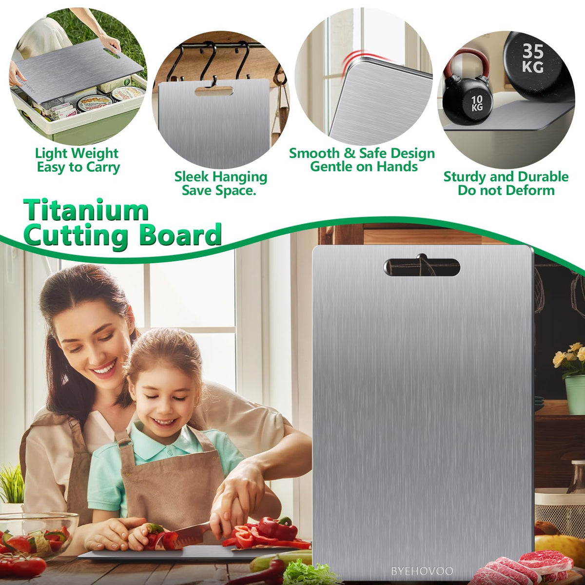 Titanium Cutting Boards for Kitchen [Set of 3], Double Sided Pure Titanium Cutting Board | Easy to Clean | Dishwasher Safe | Food-Grade Raw & Cooked Foods or Outdoor Camping Chopping Board
