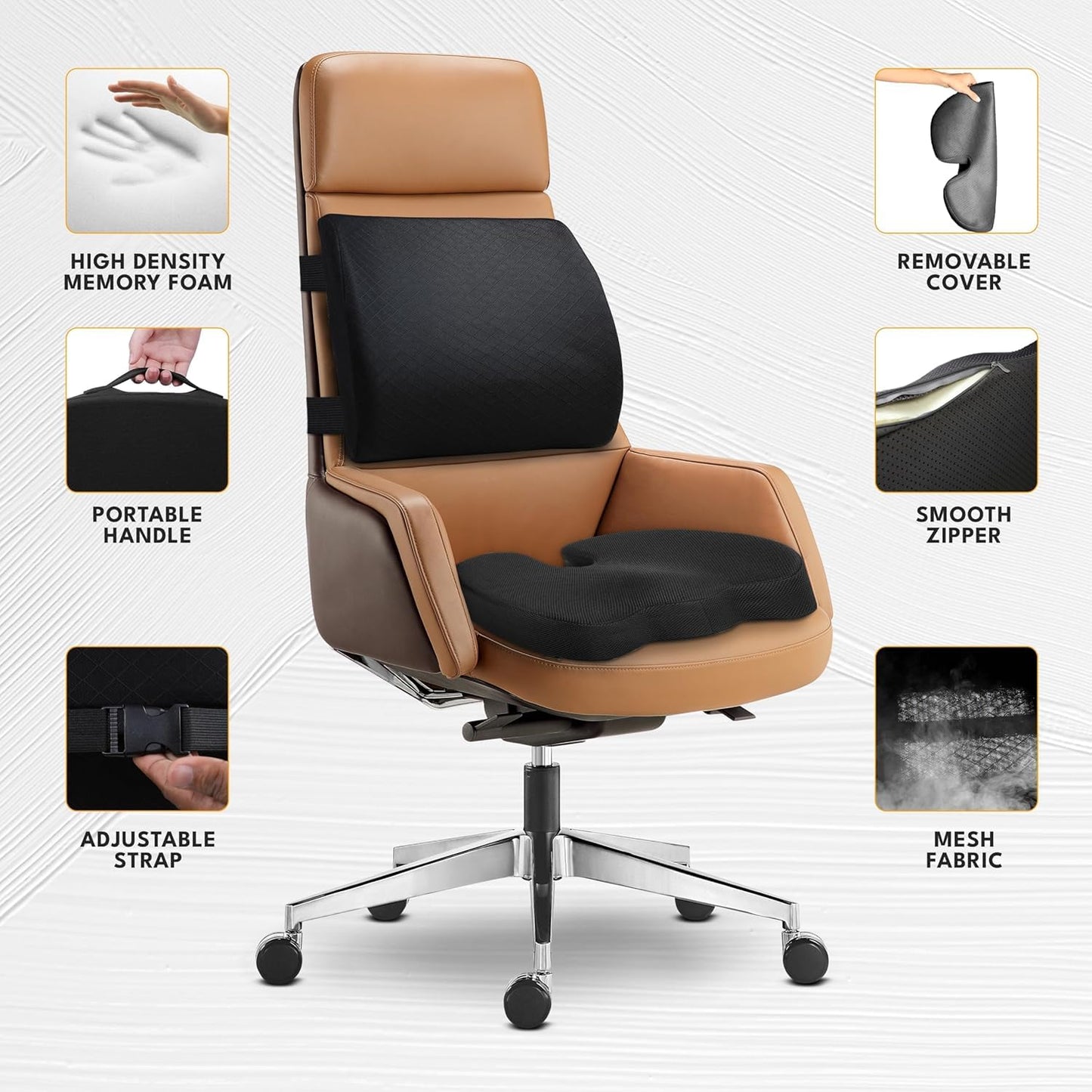 EcoNour Lumbar Support Pillow & Seat Cushion Back Support for Office Chair, Gaming, Wheel Chair & Car Seat | Gel Seat Cushion for Back and Butt Support, Tailbone, Sciatica & Coccyx Pain Relief