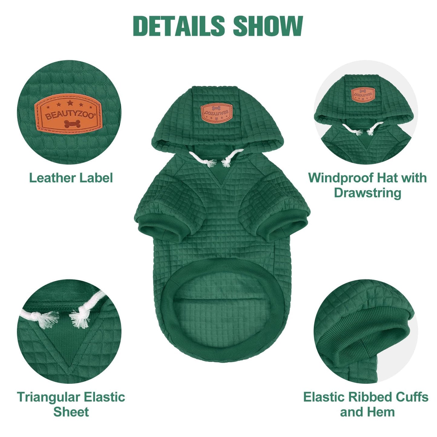 BEAUTYZOO Small Dog Hoodie Sweater with Pockets, Dog Clothes for Small Medium Dogs Boy Girl, Waffle-Like Laminated Cotton Pet Coats with Hat and Leash Hole, Green XL