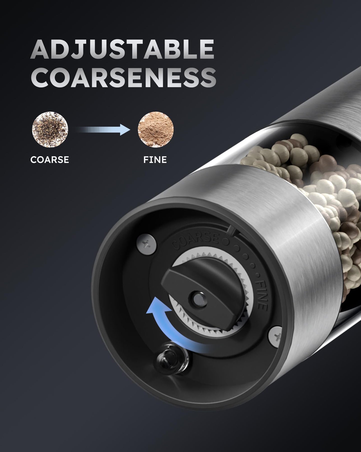 FORLIM Electric Salt and Pepper Grinder Set with USB Rechargeable Base, Upgraded Washable Container and Quieter, Automatic One-Handed Operation with LED, Adjustable Coarseness Pepper Mill Refillable