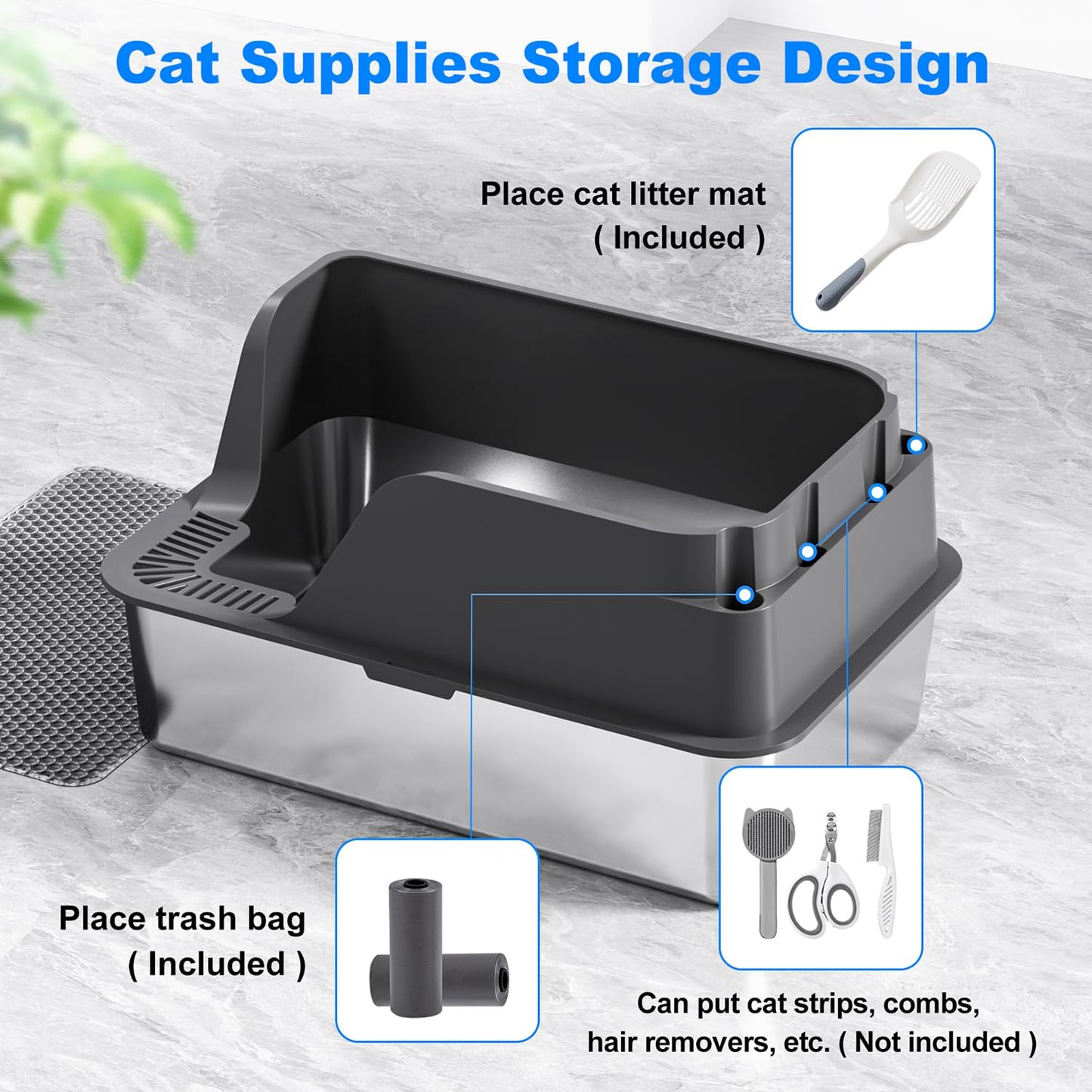 Stainless Steel Cat Litter Box with Lid, XL Litter Box for Big Cats, High Sided Metal Pan, Anti Leakage,Odor-Free & Easy Cleaning,Included Scoop &Trash Bag*2 & Mat & Sticker (Grey)