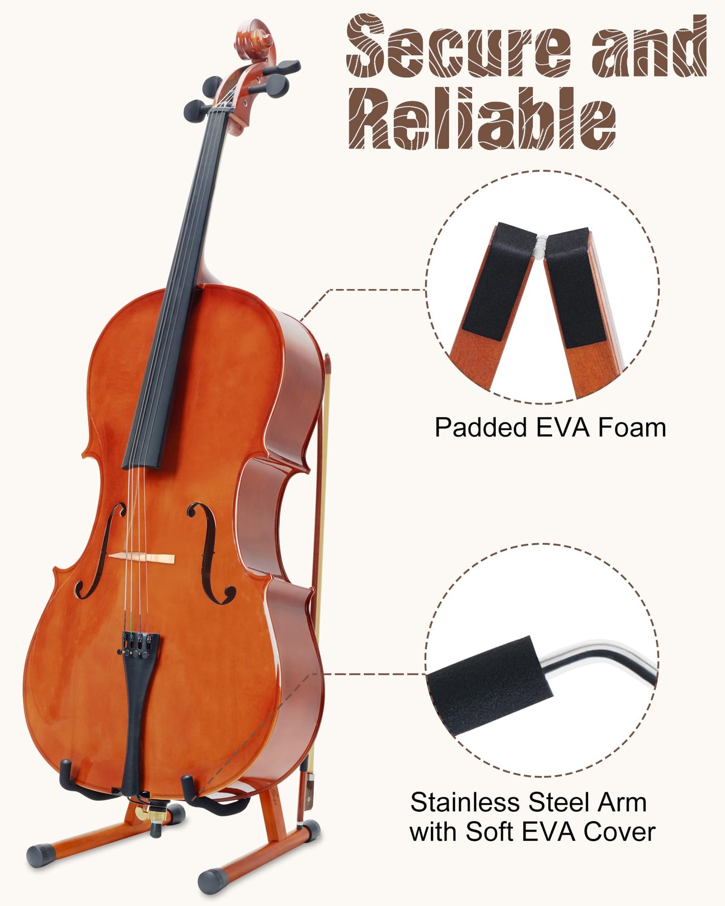 Musbeat Cello Stand with Bow Holder, Mahogany Wooden A-Shape Floor Stand with Padded Foam, Handcrafted Cello Rack Fits 1/2, 3/4, 7/8, 4/4 Full-Size and Guitar, Instrument Holder for Home and Studio