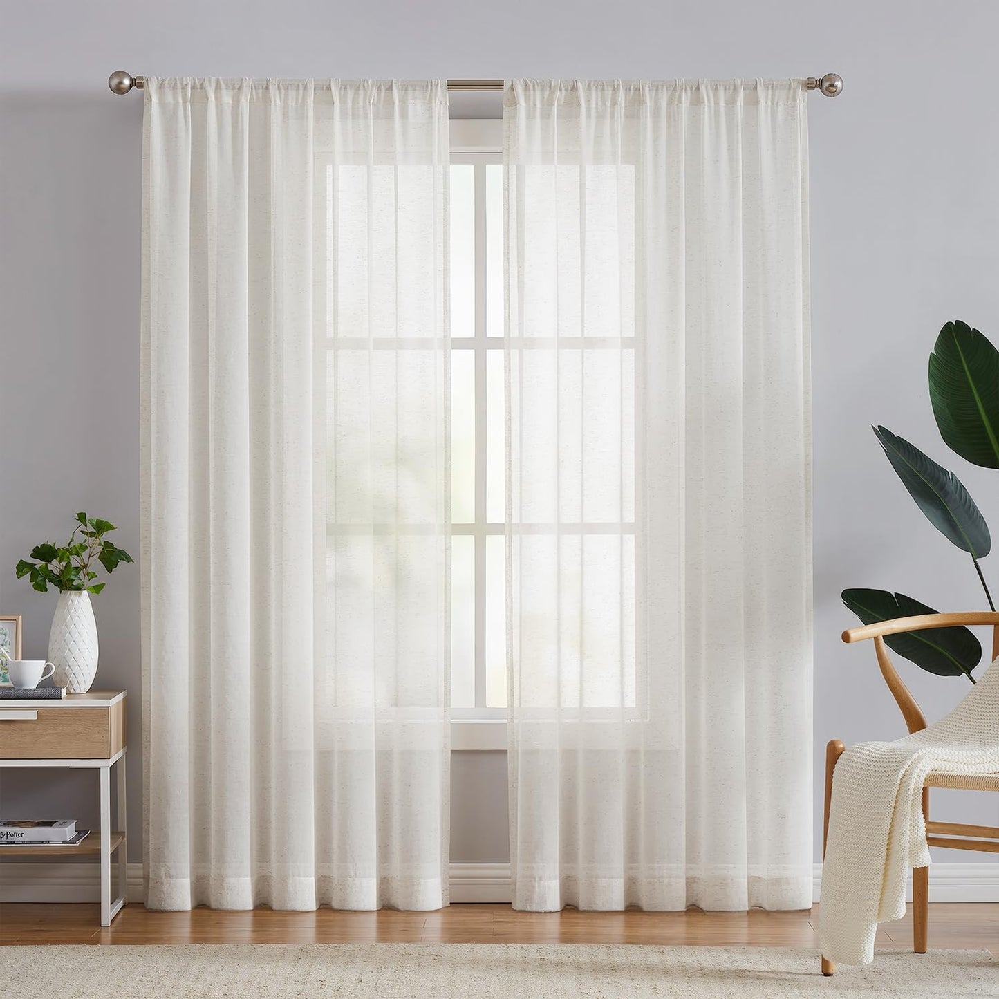 FMFUNCTEX Flax Linen Sheer Curtains for Living Room, Natural Curtains 84 Inches Long for Bedroom, Farmhouse Country Rustic Curtains Semi Sheer Drapes Rod Pocket Window Curtains 2 Panels Beige