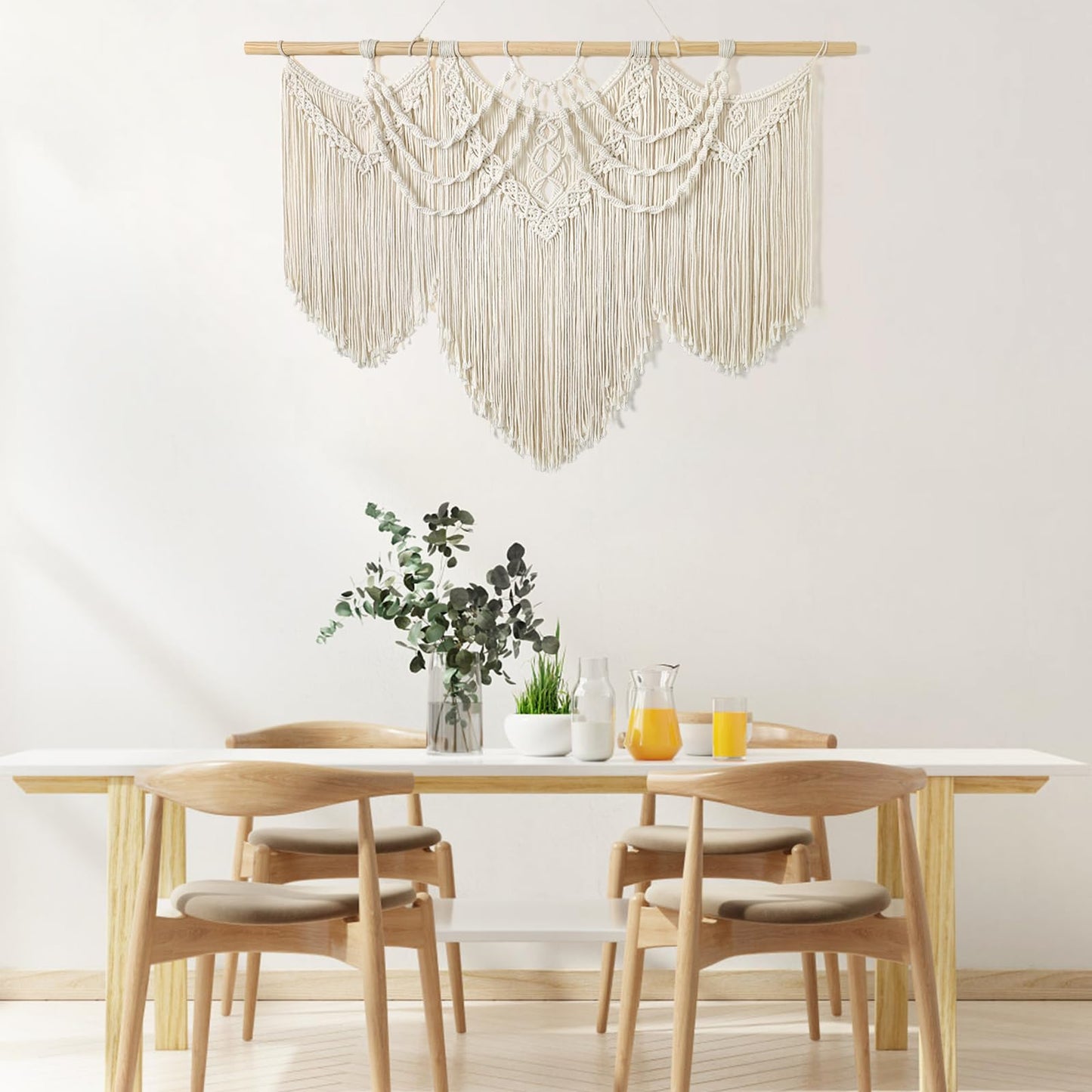Betylifoy Macrame Wall Hanging Large Boho Chic Woven Tapestry Beige Tassel Tapestry Cotton Rope Woven Wall Art Decor for Bedroom Living Room Apartment Dorm Backdrop (Beige-fringe)