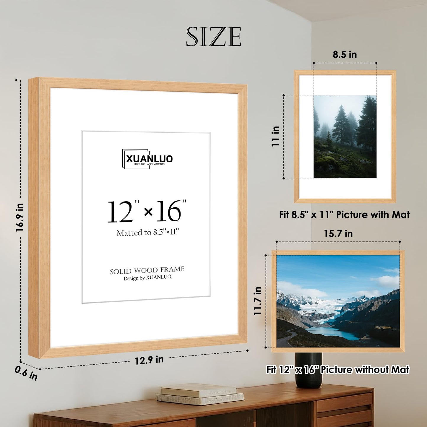 XUANLUO Picture Frames-3 Pack 12x16 Picture Frame,Natural Oak Wood Photo Frames,Display 8.5x11 with Mat or 12x16 Without Mat,Wall Display Ideal for Home Decor