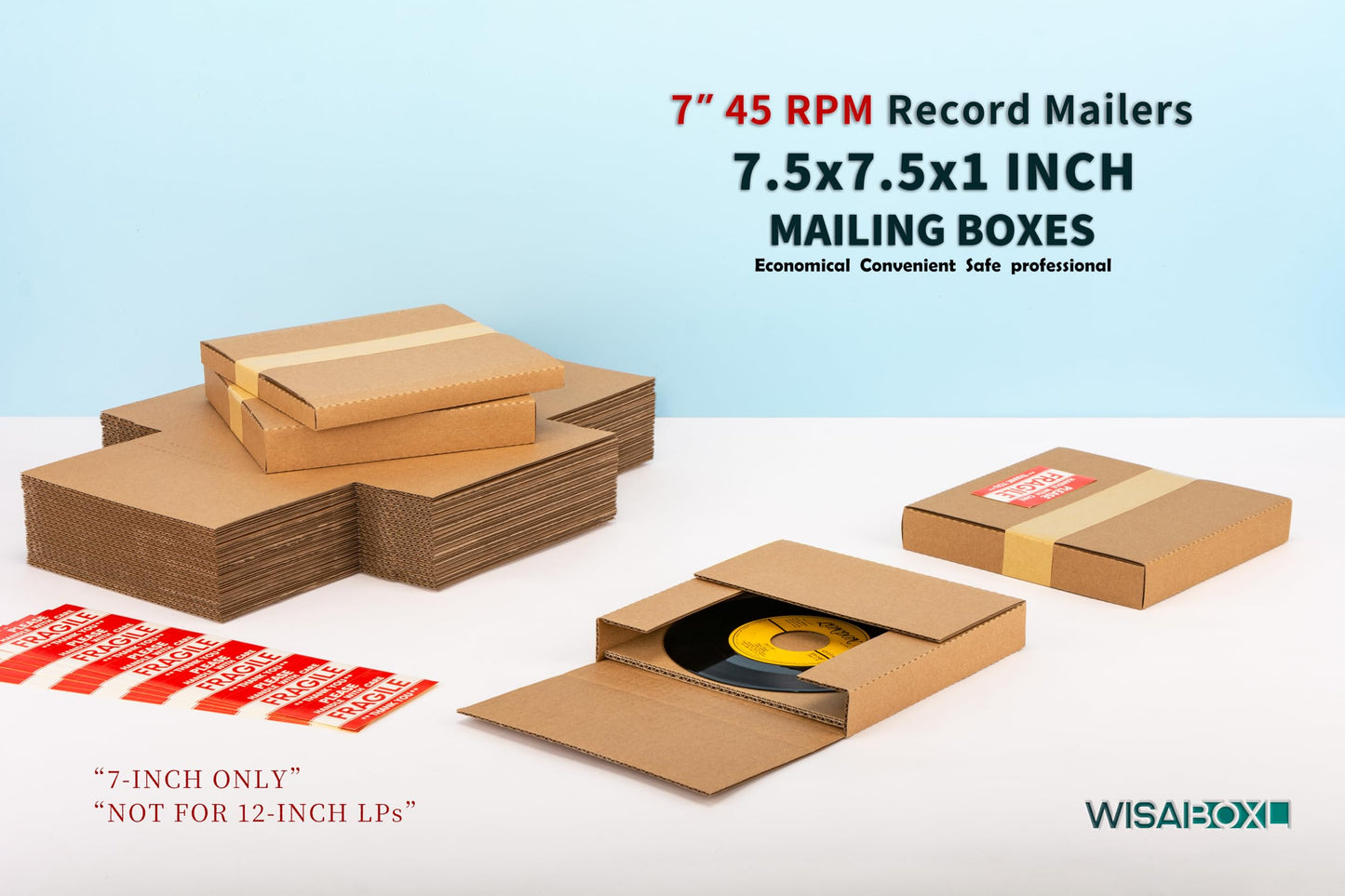Wisaiboxl 7 inch 45 RPM Vinyl Record Shipping Boxes 7.5"L x 7.5"W x 1"H Easy Fold, Multi Depth Corrugated Cardboard Box with Fragile Stickers for Shipping, Packing, Moving, Storage, Brown, 50 Pack