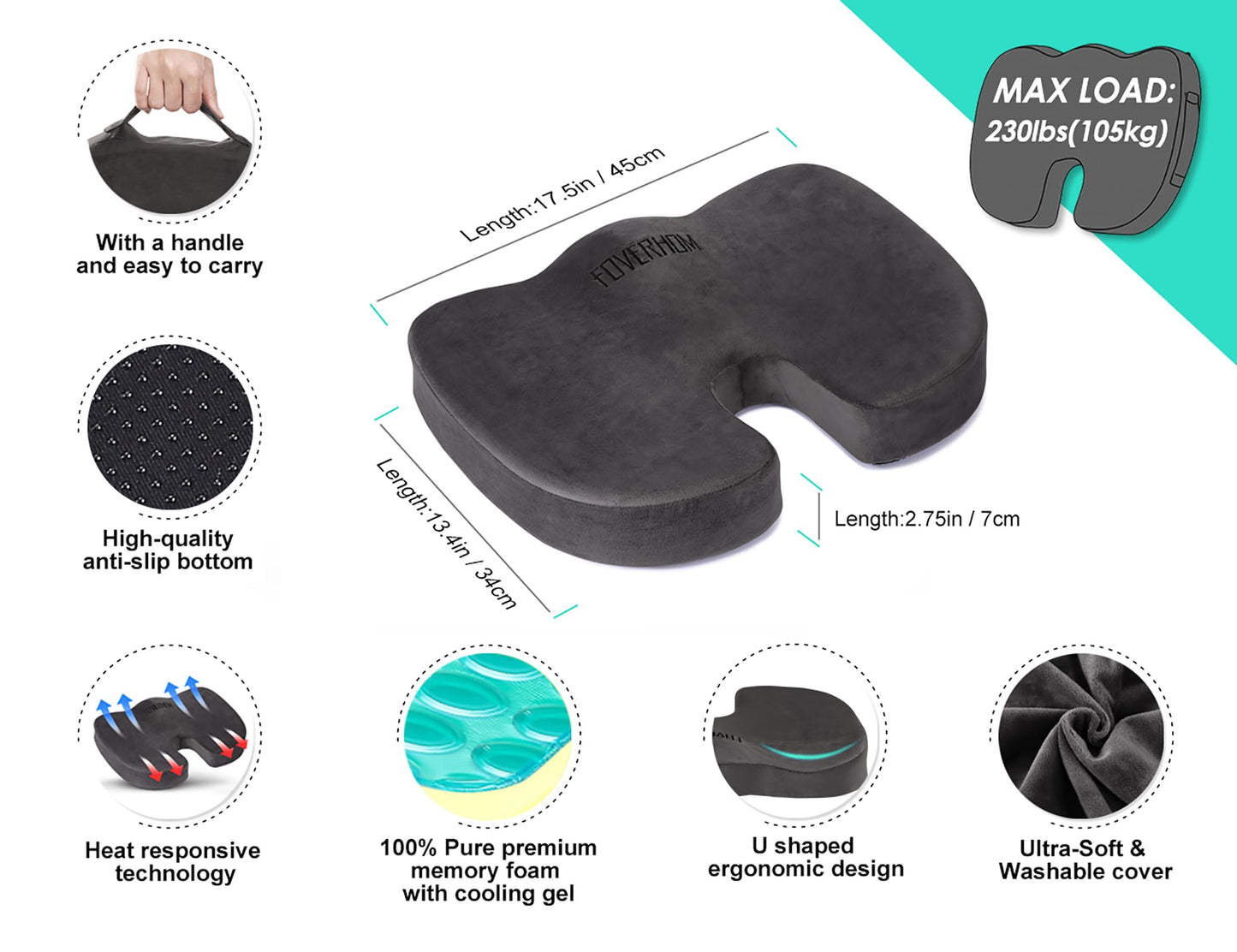 Foverhom Seat Cushion for Chair,Non-Slip Orthopedic Gel Memory Foam Coccyx Cushion with Velboa Cover for Relief Tailbone Pain Pad,Sciatica Back Pain