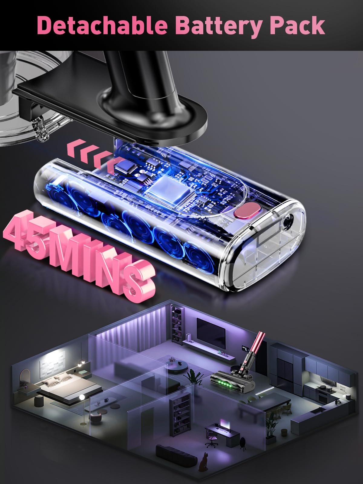 Cordless Vacuum Cleaner, 350W/40Kpa 8 in 1 Powerful Stick Vacuum, with Anti-Tangle Brush and Upgraded Green Light, 45mins Runtime Rechargeable Lightweight Vacuums for Hardwood Floor (Pink)