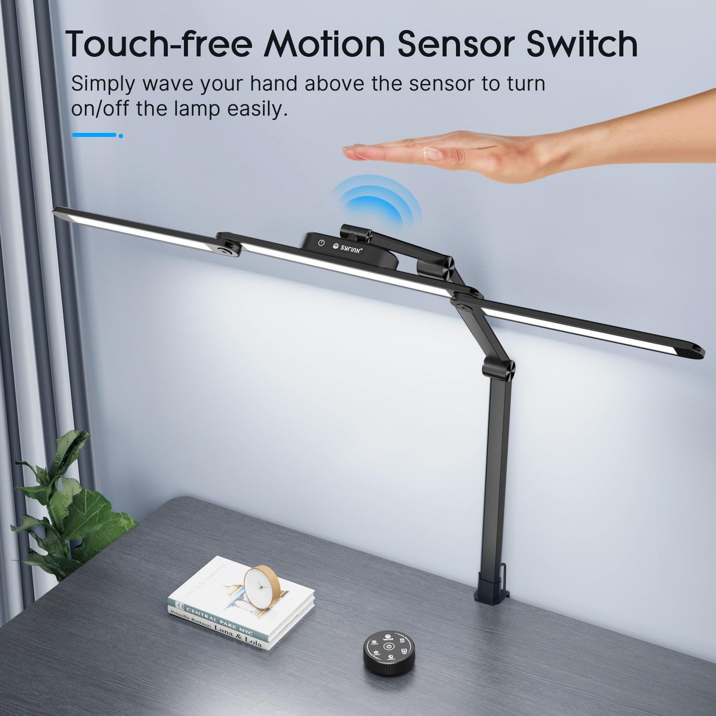 Syrinx LED Desk Lamp, Architect Desk Lamps Home Office with Gesture Switch & Remote Control, 24W Bright Desk Light with 50 Light Modes Eye-Caring Desk Lamp with Clamp for Reading Study Workbench