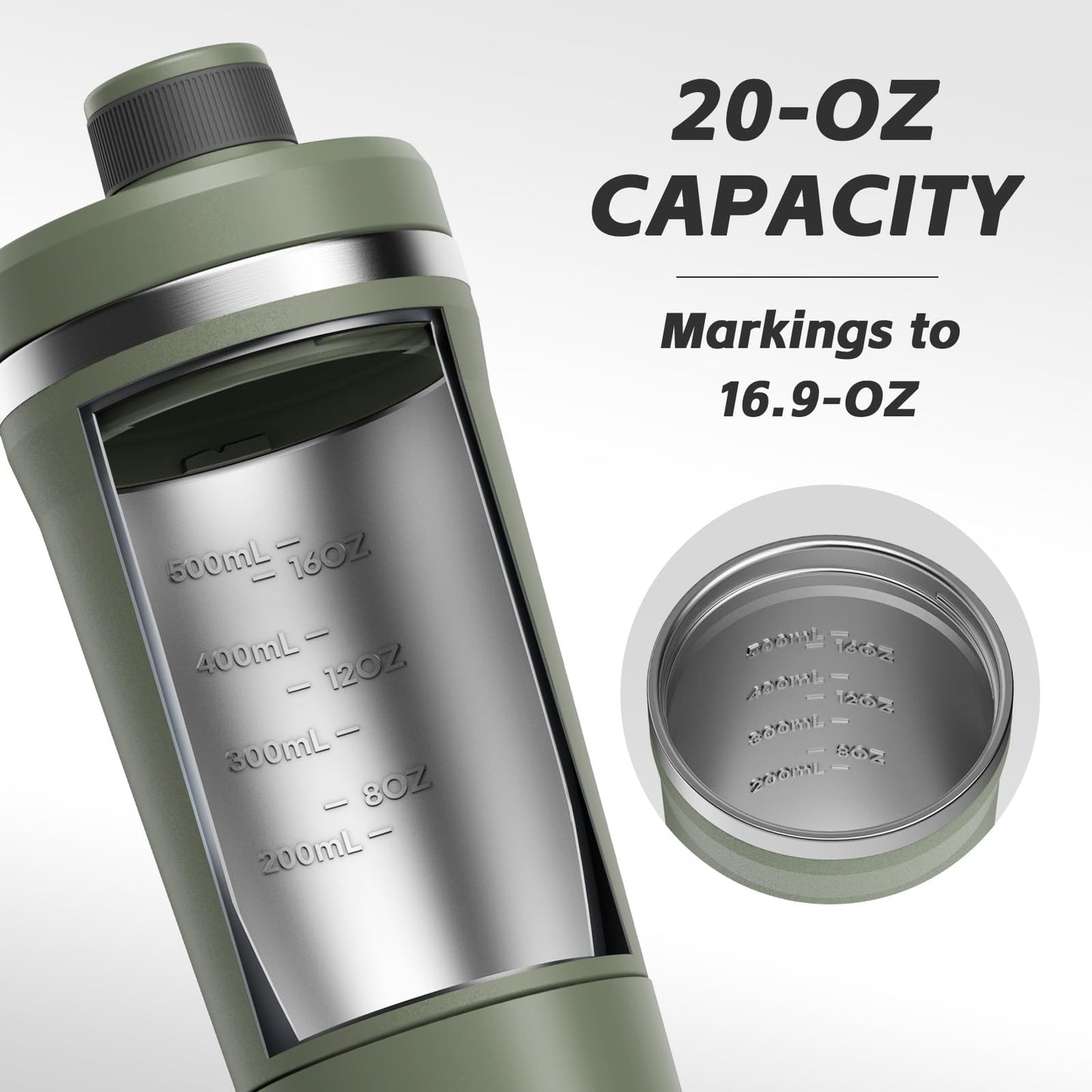 PROCHAIN Insulated Stainless Steel Shaker Bottle, Metal Shaker Cup for Protein Shakes with Storage, Leak-Proof Twist Lock Lid, Perfect for Gym Sports, 20 oz (Dark Green)