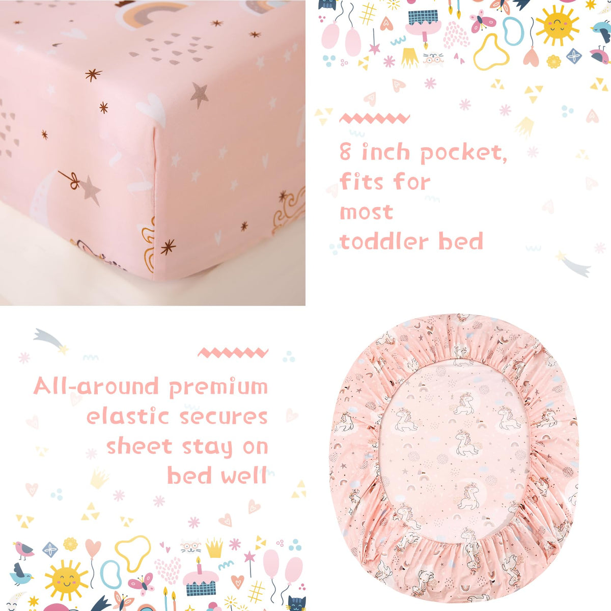 JSD Pink Unicorn 4 Piece Toddler Bedding Set, Girls Printed Microfiber Comforter Set, Includes Flat Sheet, Fitted Sheet, Quilted Comforter and Pillowcase