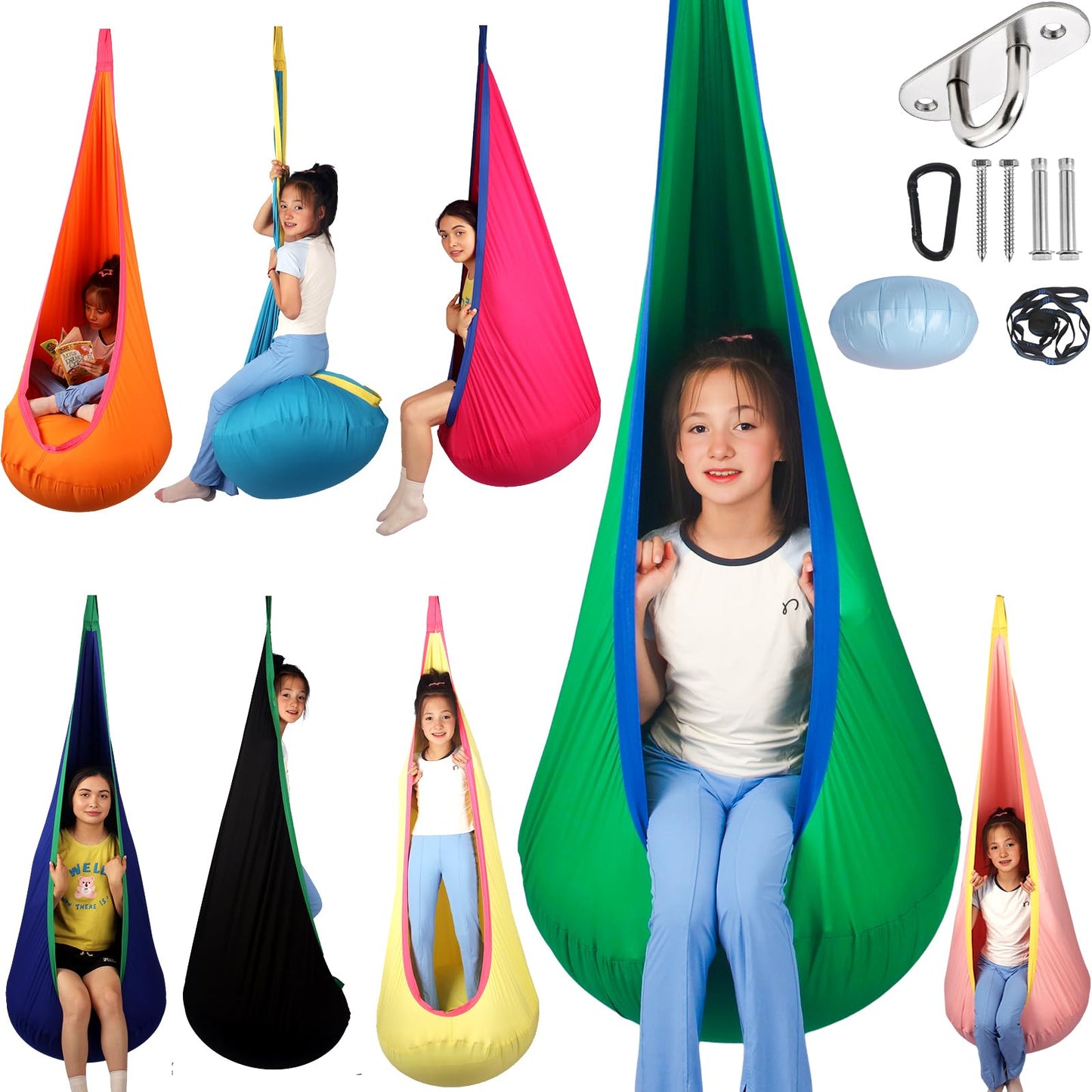 HiCamer Sensory Swing for Kids Indoor and Outdoor Pod hammock Chair Seat Upgrade Max 300 lbs Hanging Swing with Inflatable Cushion Includes Hardware Hanger Kit for Aspergers Autism ADHD (Green)