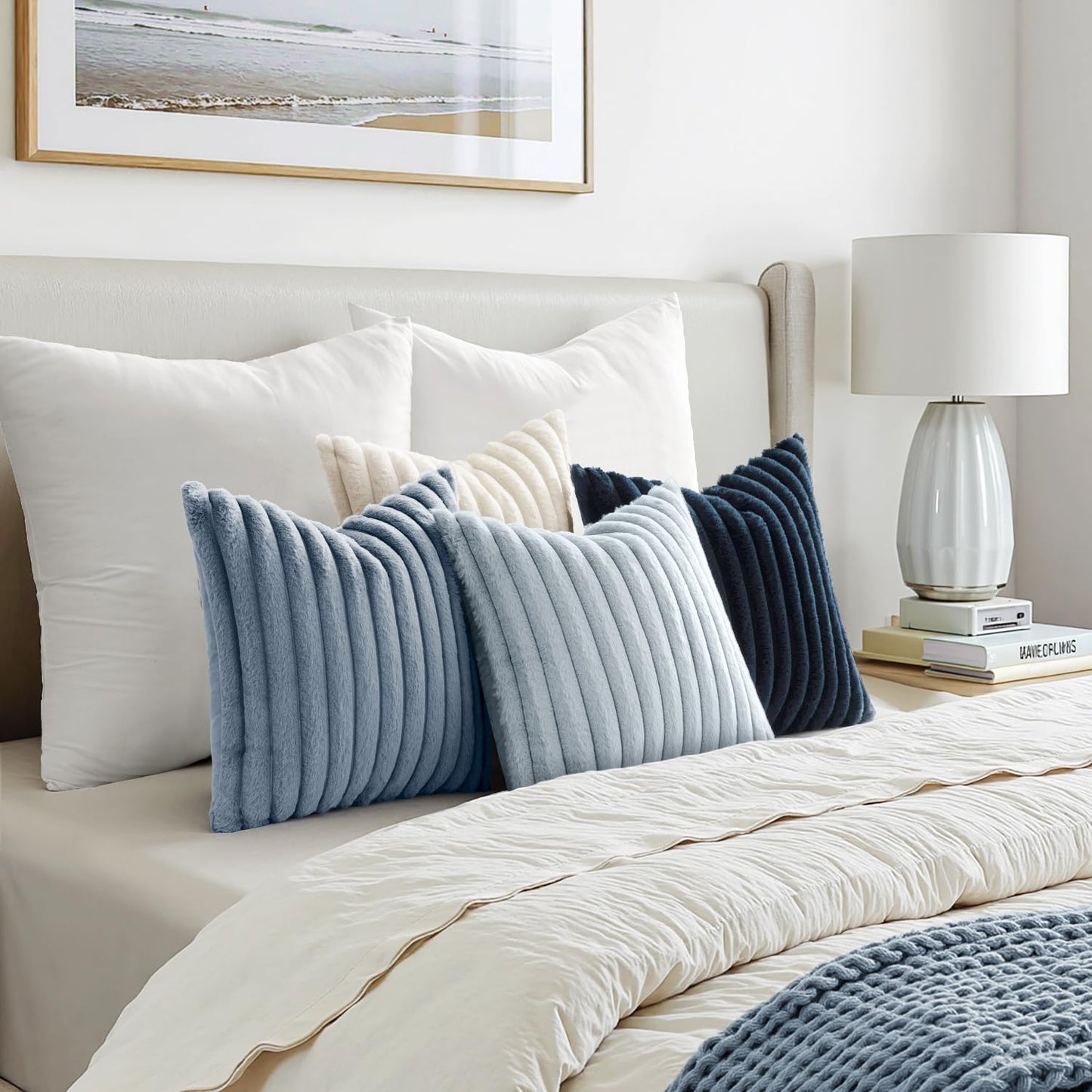 MIULEE Faux Fur Plush Decorative Throw Pillow Covers 18x18 Set of 4, Modern Soft Fuzzy Coastal Striped Cushion Covers for Sofa Couch Bed Living Room Cozy Home Decor,Navy Blue