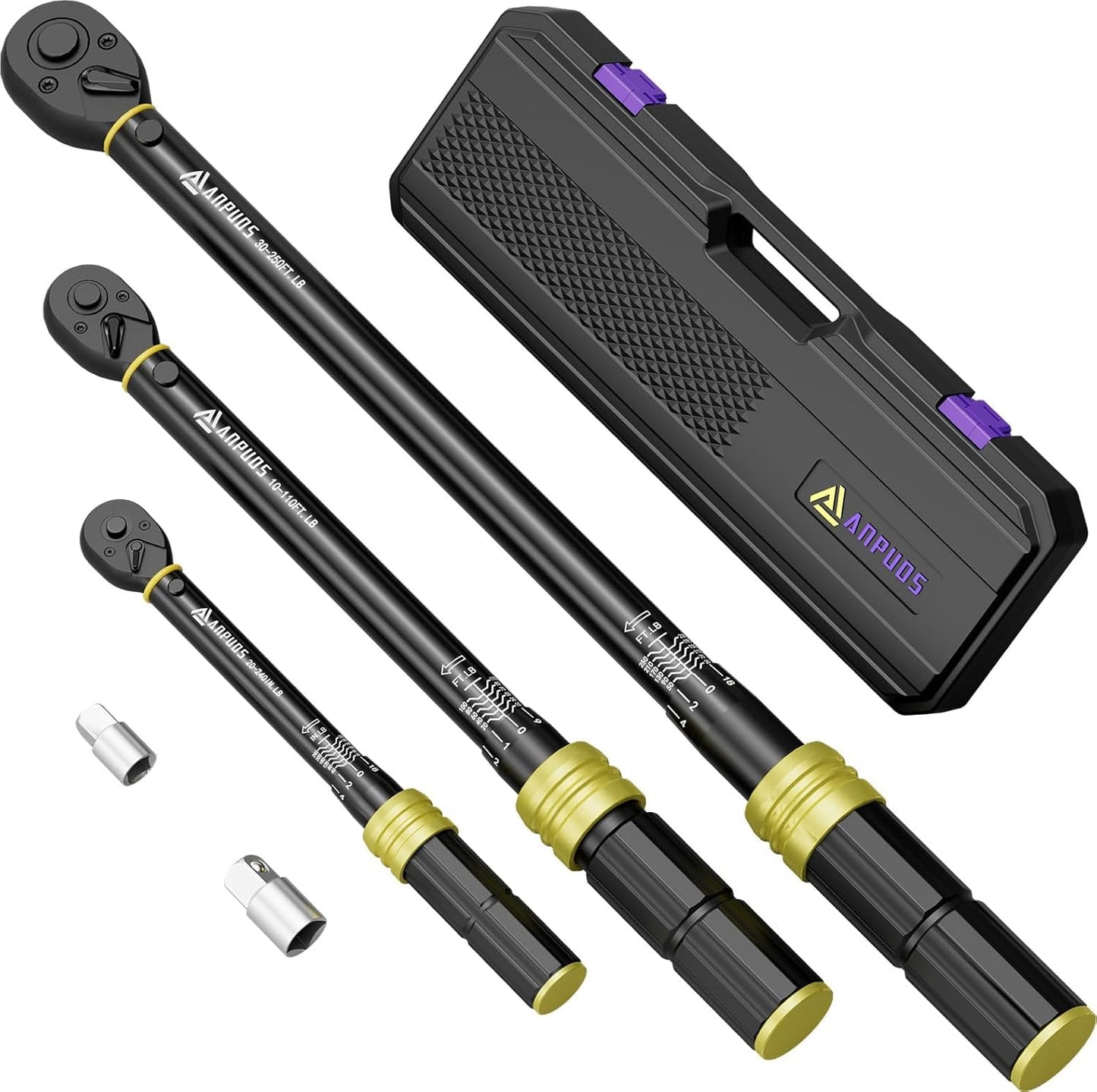 ANPUDS 1/4 3/8 1/2-inch Drive Torque Wrench, 5 Pcs Click Torque Wrench Set, 20-240in.lb, 10-110＋30-250Ft.lb with 2 Adapters, Dual-Direction, 72-Tooth, Dual Range Scales for Bike, Motorcycle, Car