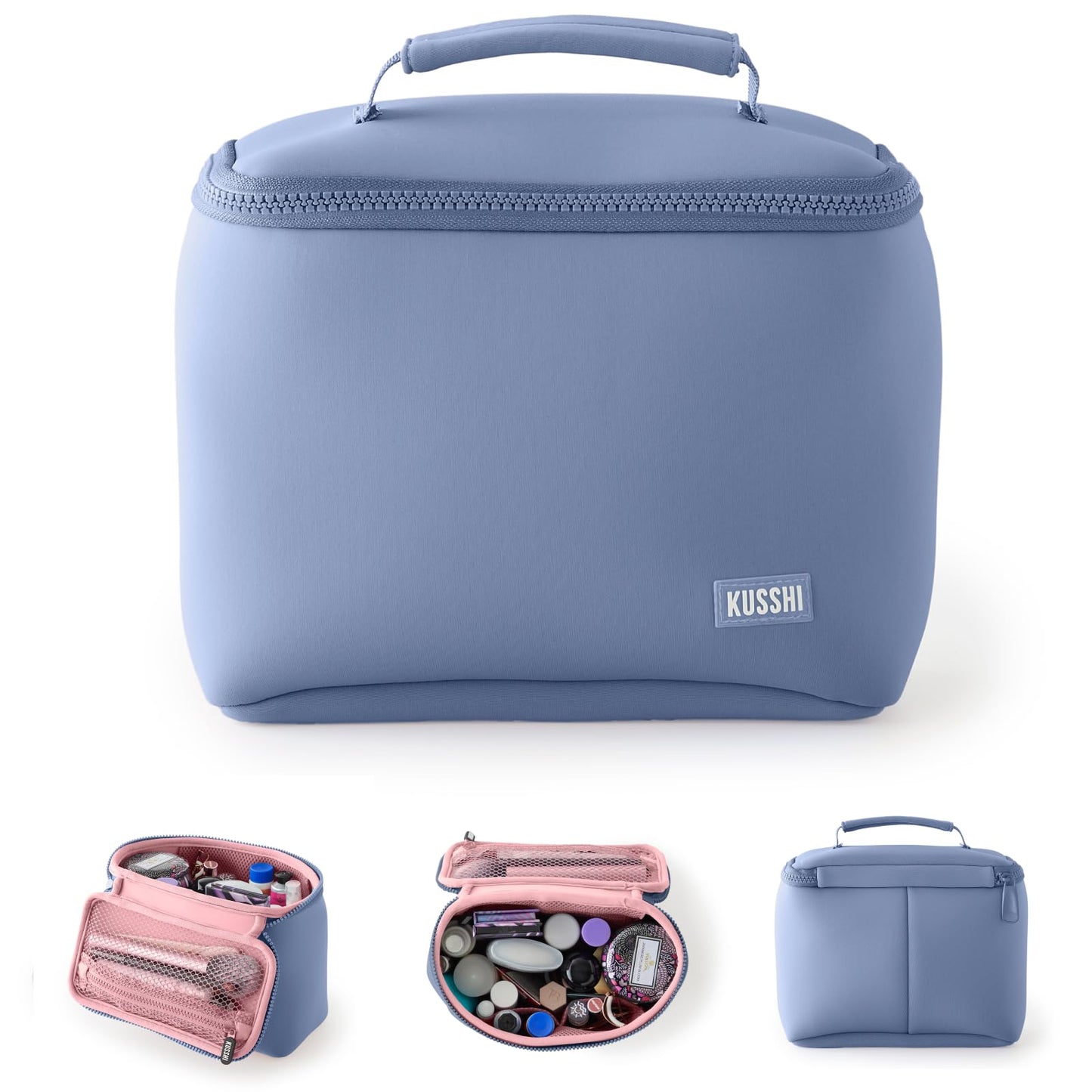 KUSSHI Neoprene Train Case Makeup Bag - Washable Makeup Travel Bag & Vanity Case for Stress Free Travel (Small, Pearl Blue/Sand Pink), Pearl Blue/Sand Pink, Small