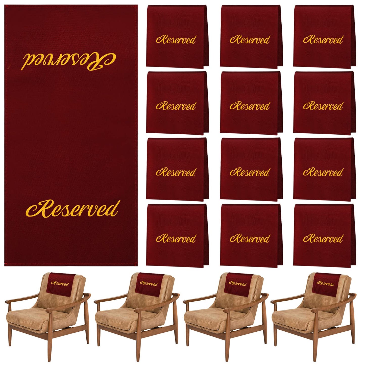 Tatuo 12 Pieces Reserved Seating Signs - 22 Inch Cloth Placeholders for Church Pews, Restaurant, Wedding, Meeting and Event Parties (Burgundy and Gold)