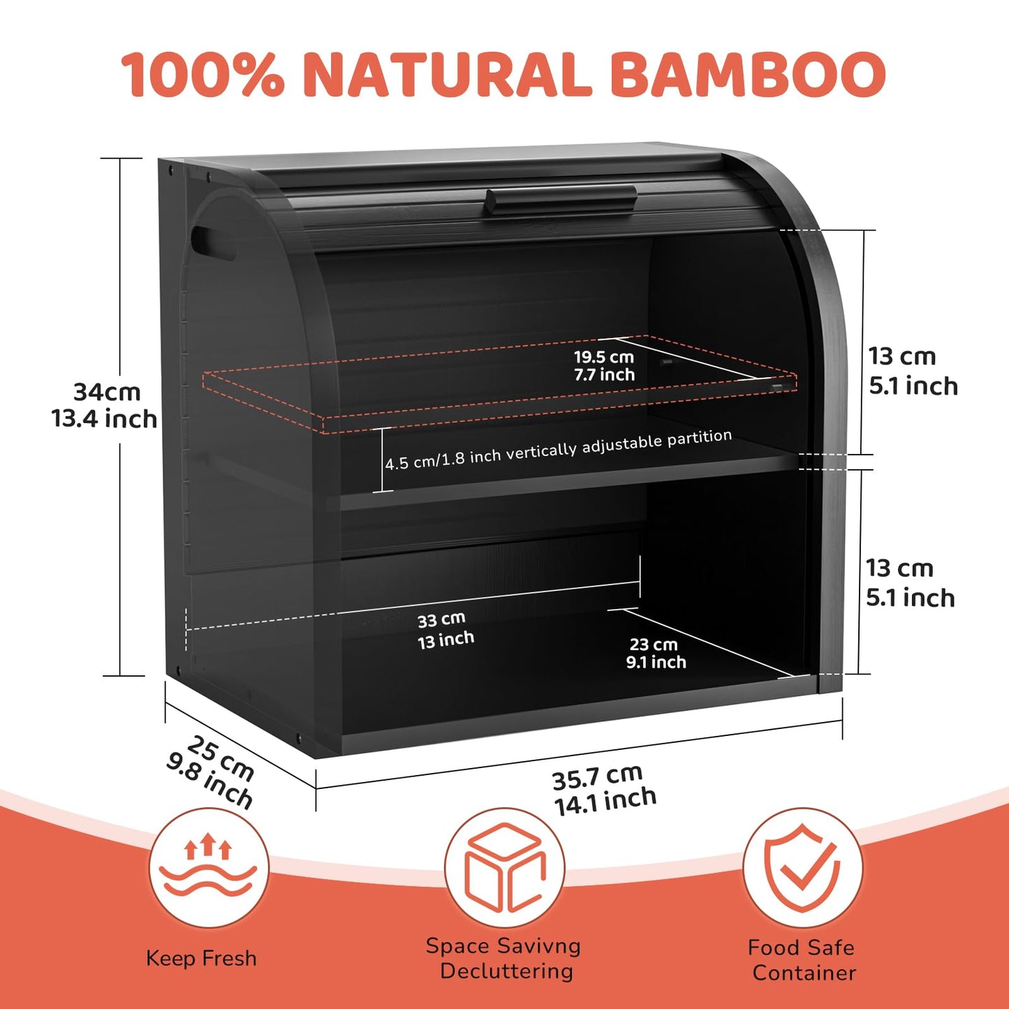 G.a HOMEFAVOR Bread Box: Large 2-Tier Bamboo Roll Top Bread Storage Container for Kitchen Counter, Bread Holder Food Bin for Countertop, Self-Assembly, Black