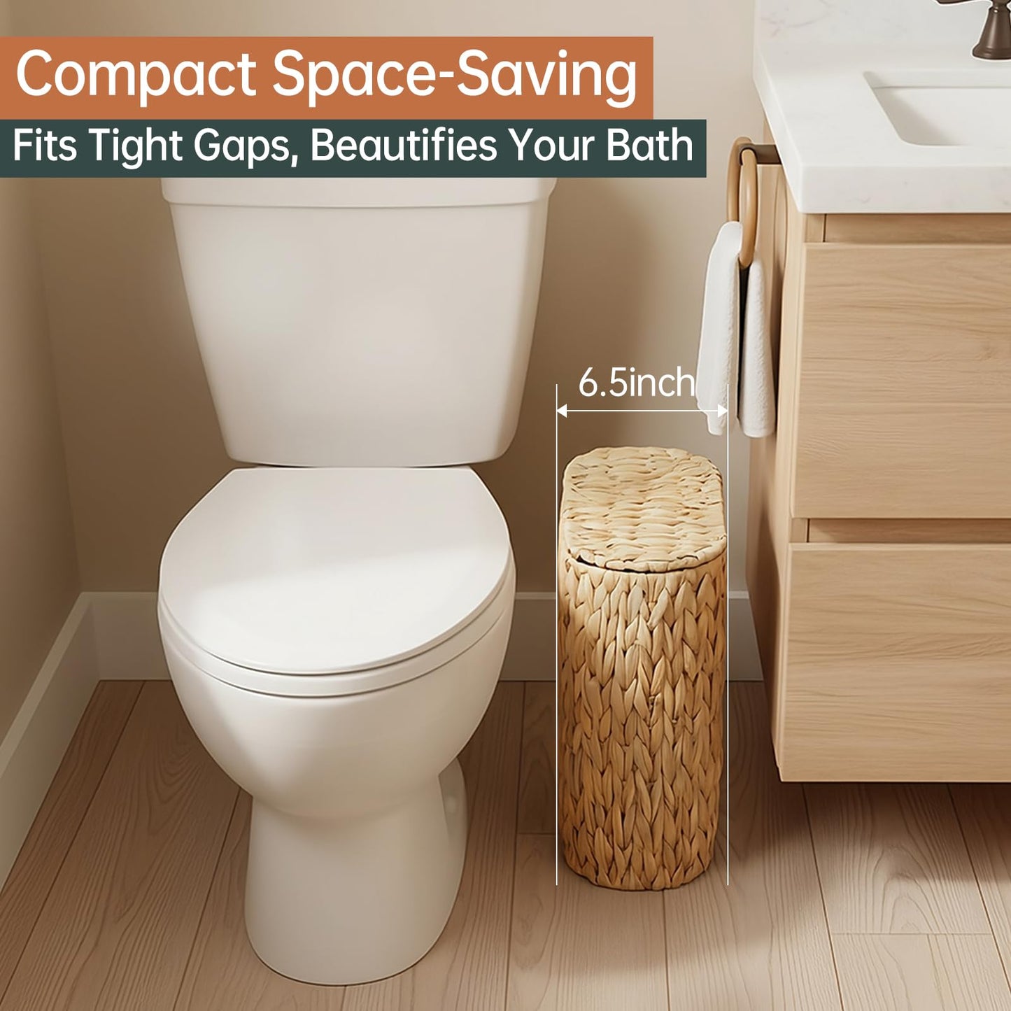 Coeusy 3 Gallon Wicker Trash Can with Lid and Liner,Small Bathroom Trash Cans,Woven Rattan Narrow Waste Basket for Bedroom,Home Office,Natural Water Hyacinth