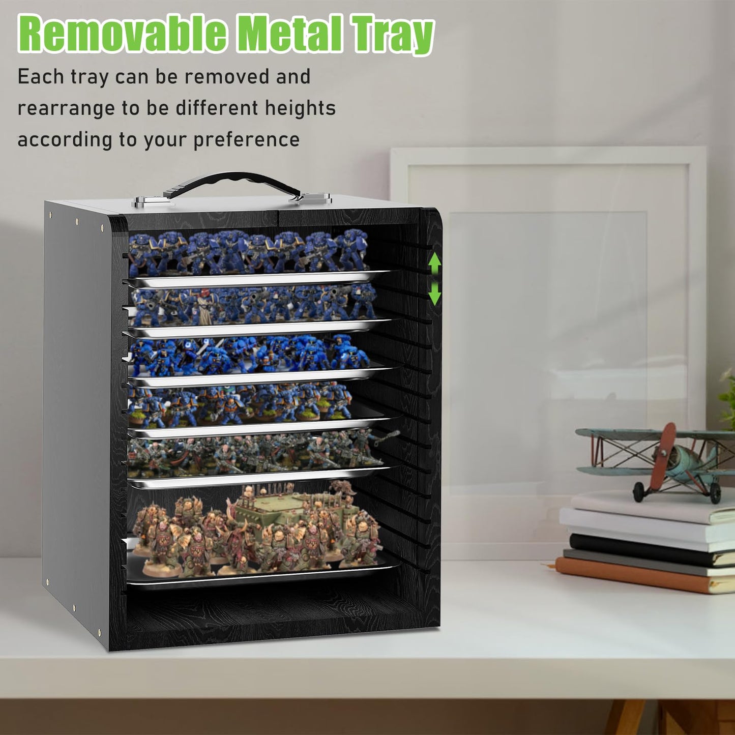 AKOZLIN Miniature Display Case for Collectibles Miniatures with 6 Trays & Handle Wooden Miniature Carrying Transport Case,Black