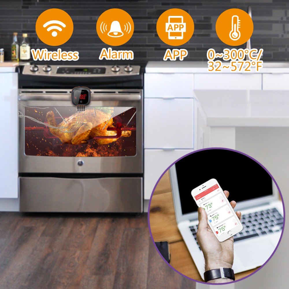 INKBIRD IBT-4XS BBQ Thermometer Bluetooth Meat Thermometers, 150ft Wireless Meat Thermometer with 4 Probes, Meat Thermometer Wireless Probe for Smoker Grill Oven Kitchen Cooking