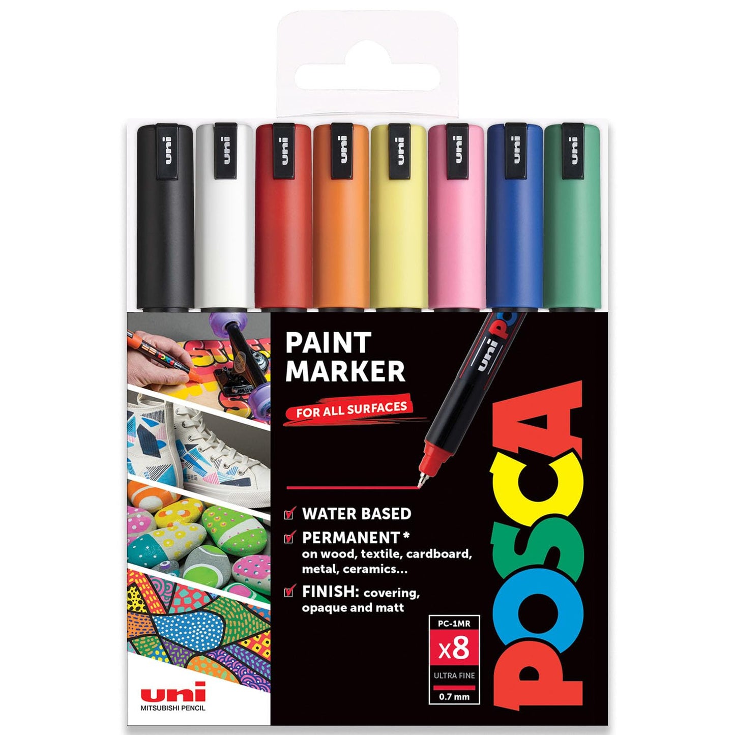 Posca Water Based Permanent Marker Paint Pen - Multi Surface Use - PC-1MR, 0.7mm Ultra Fine - Set of 8 in Gift Wallet - Essential Tones