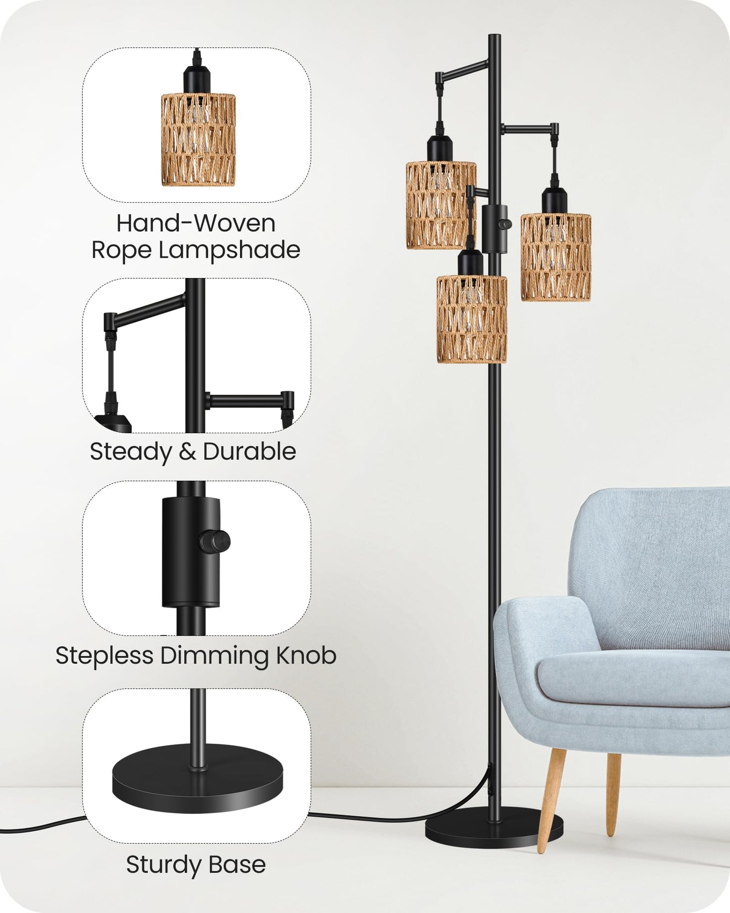 GOEBLESON Dimmable Floor Lamp, Farmhouse 178CM Tall Standing Tree Lamp with 3 Rope Woven Bamboo Lampshades, Boho Rattan Floor Lights, 4W 3 LED Bulbs Included, for Living Room, Bedroom, Study, B03LD05