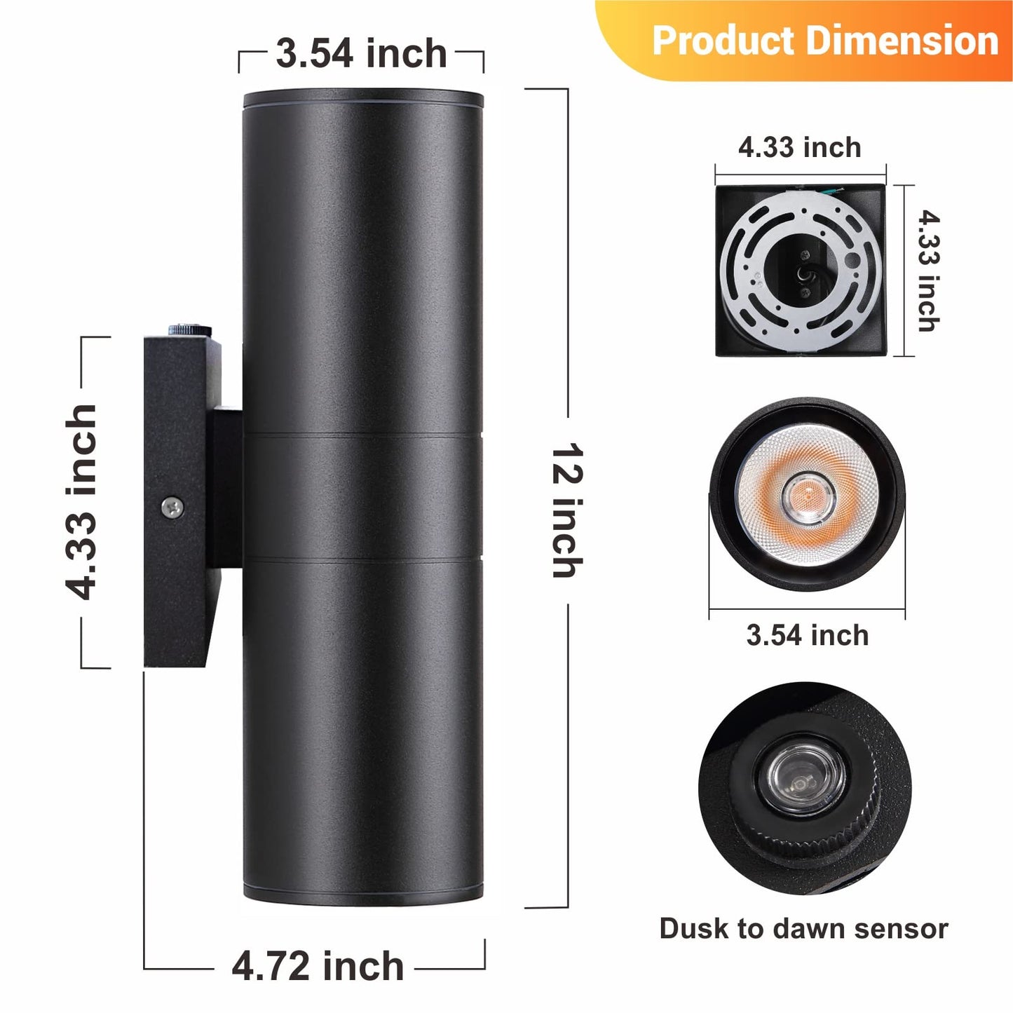 DAKAFUL Dusk to Dawn Outdoor Lighting Sensor Wall Lights 2Pack, 12W 2700K Integrated LED Cylinder Up Down Lights Outdoor, IP65 Waterproof Aluminum Wall Sconce Exterior Wall Light for Porch Patio etc.