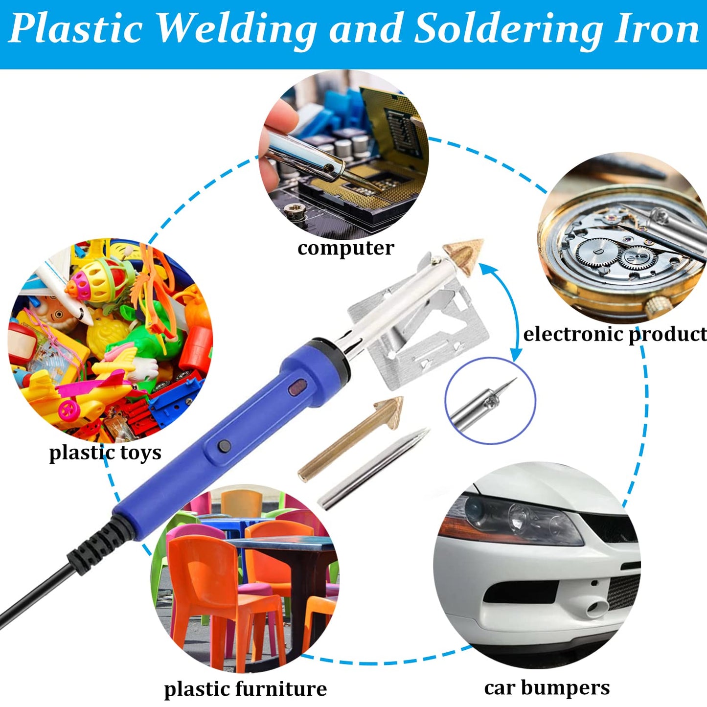 100W Plastic Welding Kit, 110V Plastic Welder Soldering Iron Kit with 121pcs Rods, Professional Surface Repair Tool for Car Bumper with 4 Welding Tips,Patch Net,Hot Iron Stand,Wire Brush,Metal Stand