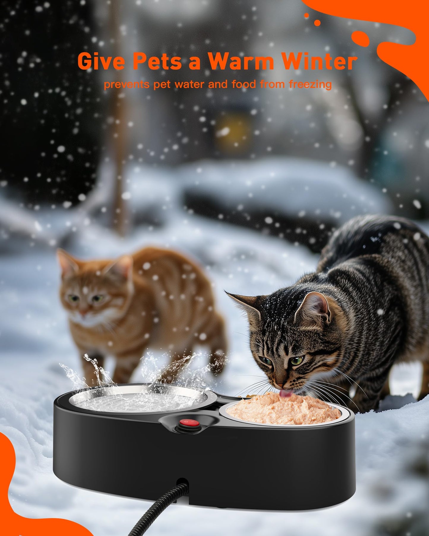 SwSun Heated Cat Bowl for Food & Water, Double Heating Cat Bowls Outdoor Heated Pet Bowl with 2 Stainless Steel Cat Bowls Heated Water Bowl for Feral Cat Feeding Station in Winter