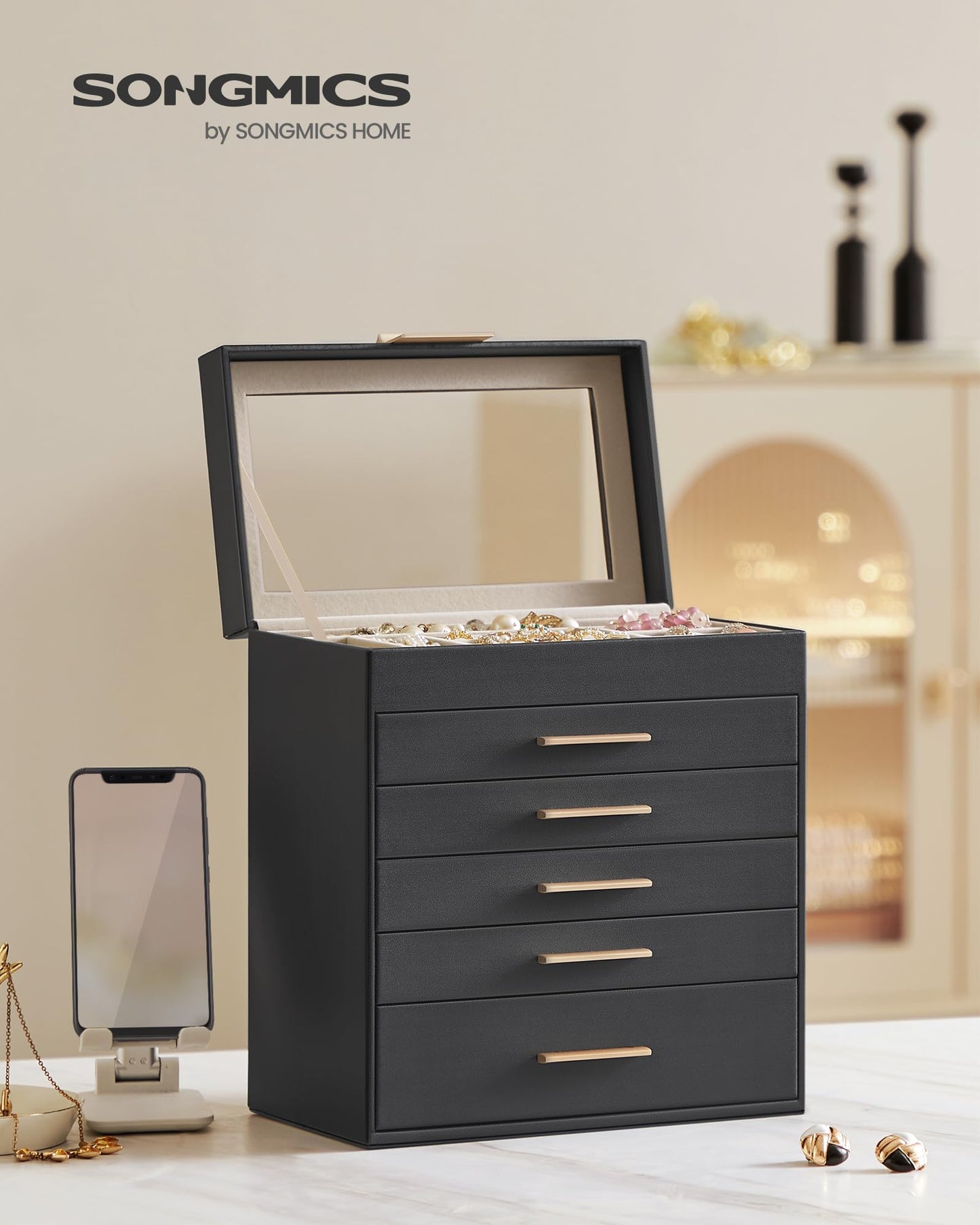 SONGMICS GISELLA Collection - Jewelry Box Organizer, 6-Layer Jewelry Storage with 5 Drawers, Shiny Metal Hardware, Glass Lid, Modern, 16.3 x 25.1 x 29 cm, Ink Black and Gold Color UJBC171B01