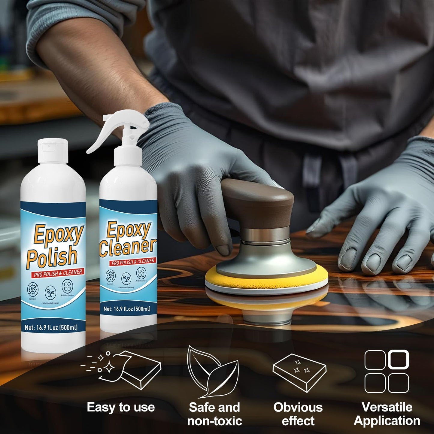 DINGSEN Resin Polishing Kit - 33.8 oz (16.9oz Pro Polish & 16.9oz Epoxy Cleaner Kit), Specially Formulated for Epoxy Resin, Removes Scratches & Scuffs - Perfect for DIYers, Home Decor