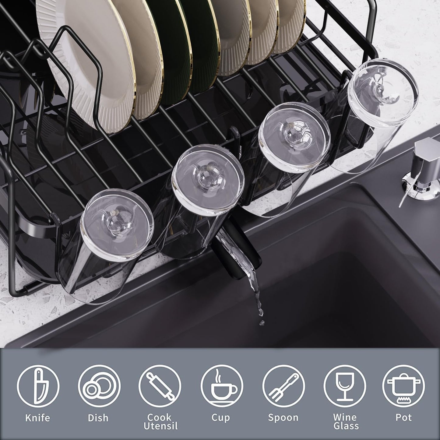 Runnatal Large Dish Drying Rack, Extendable Dish Rack with Drain Board, Utensil Holder, Cup Holder, Expandable Stainless Steel Dish Drainer for Kitchen Counter, 70 x 32 x 26cm