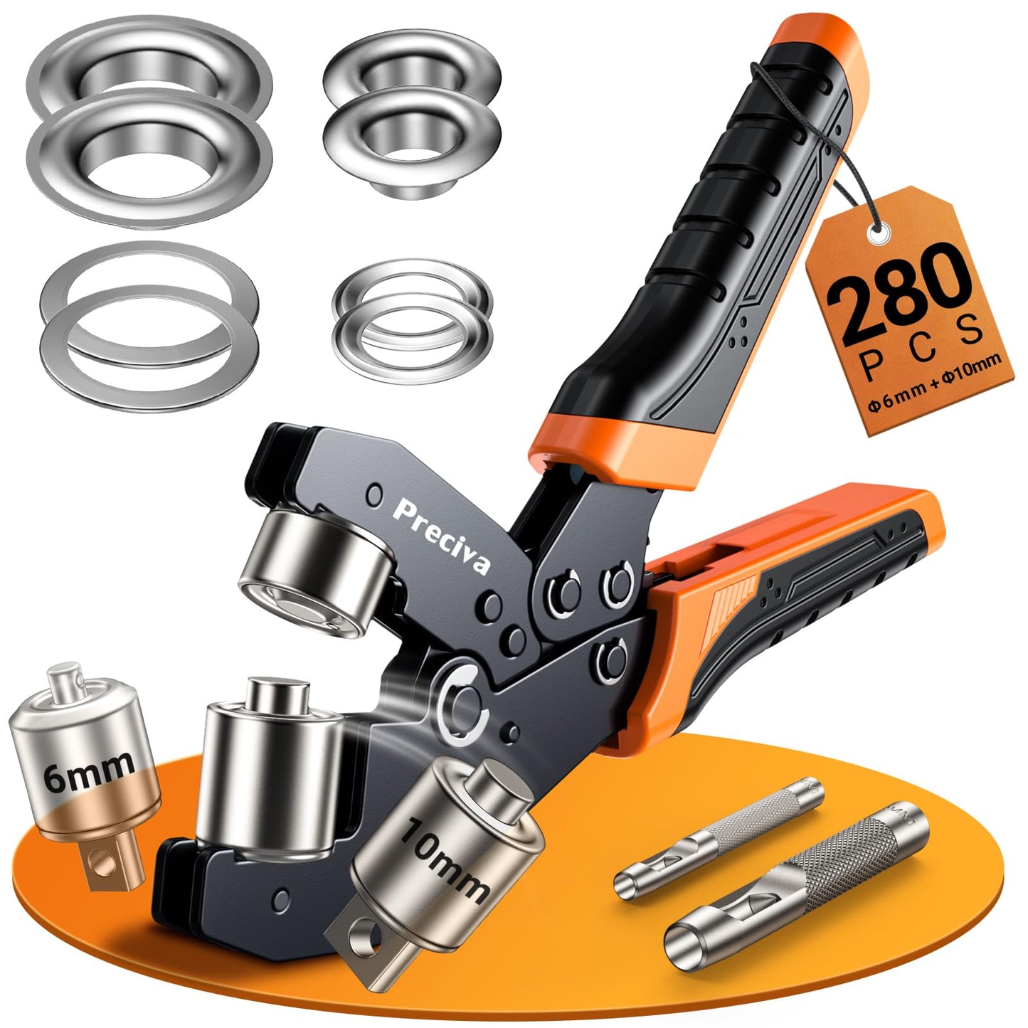 Preciva Grommet Tool Kit of 3/8" and 1/4", Interchangeable Double Head Handheld Grommet kit with 280pcs Eyelets and Grommets for Tarp Leather Fabric