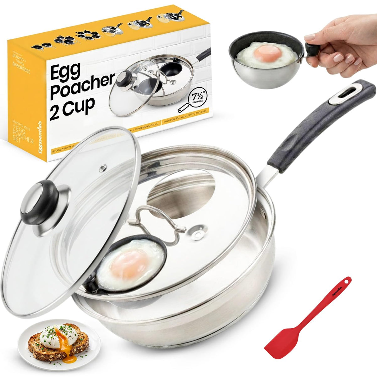Eggssentials 2 Cup Egg Poacher, Stainless Steel, Non-stick PFOA Free with Spatula, Poached Egg Maker, Egg Poachers Cookware