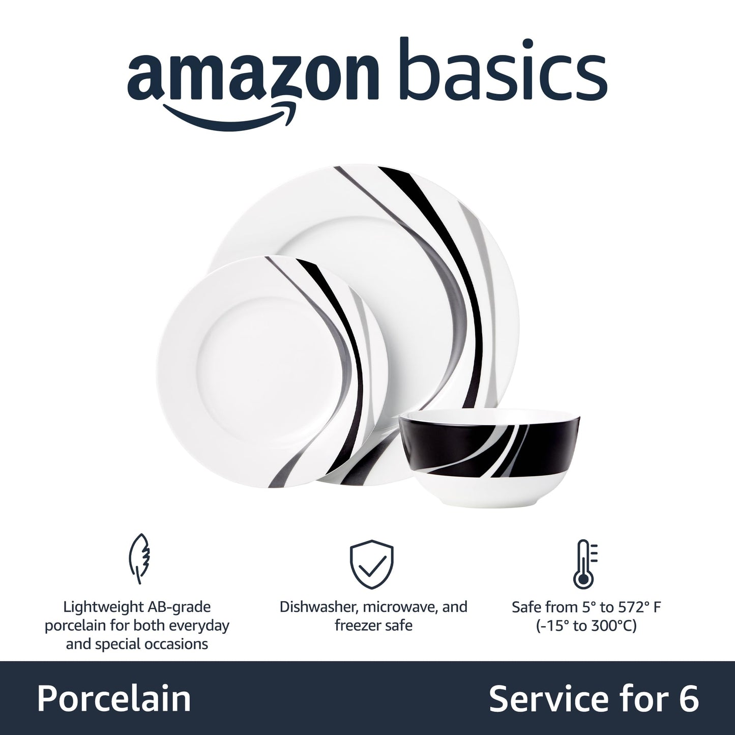 Amazon Basics 18-Piece Dinnerware Set, Plates, Dishes, Bowls, Service for 6, Swirl