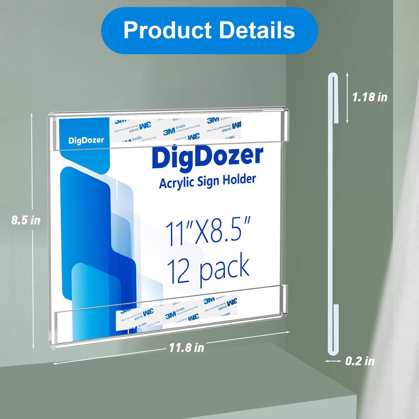 12 Pcs Acrylic Sign Holder 11 x 8.5, Vertical Wall Mount Sign Holders with Adhesive, Clear Plastic Frames Paper Display Sign Holders for Office, Home, Store, Restaurant - No Drilling