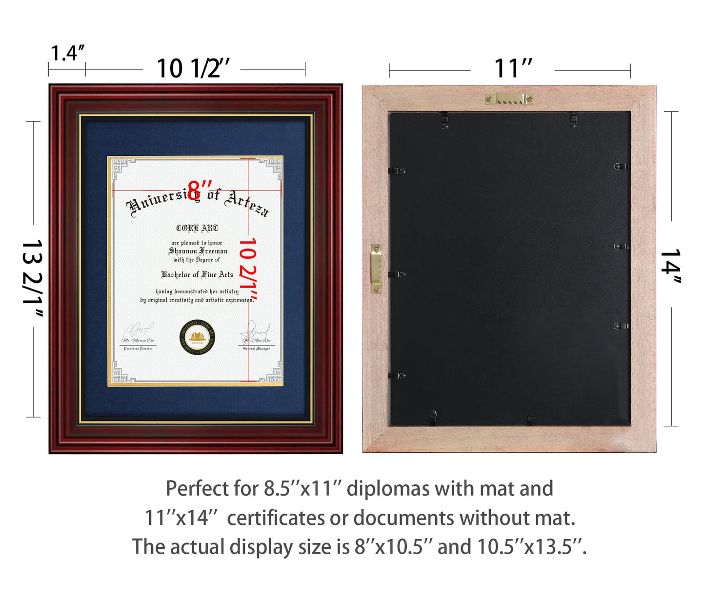CORE ART 11x14 Diploma Frame Display Certificates 8.5 x 11 with Navy Mat or Documents 11 x 14 without Mat, College Degree Wooden Frame with Tempered Glass for Wall and Tabletop Display(Cherry Red)