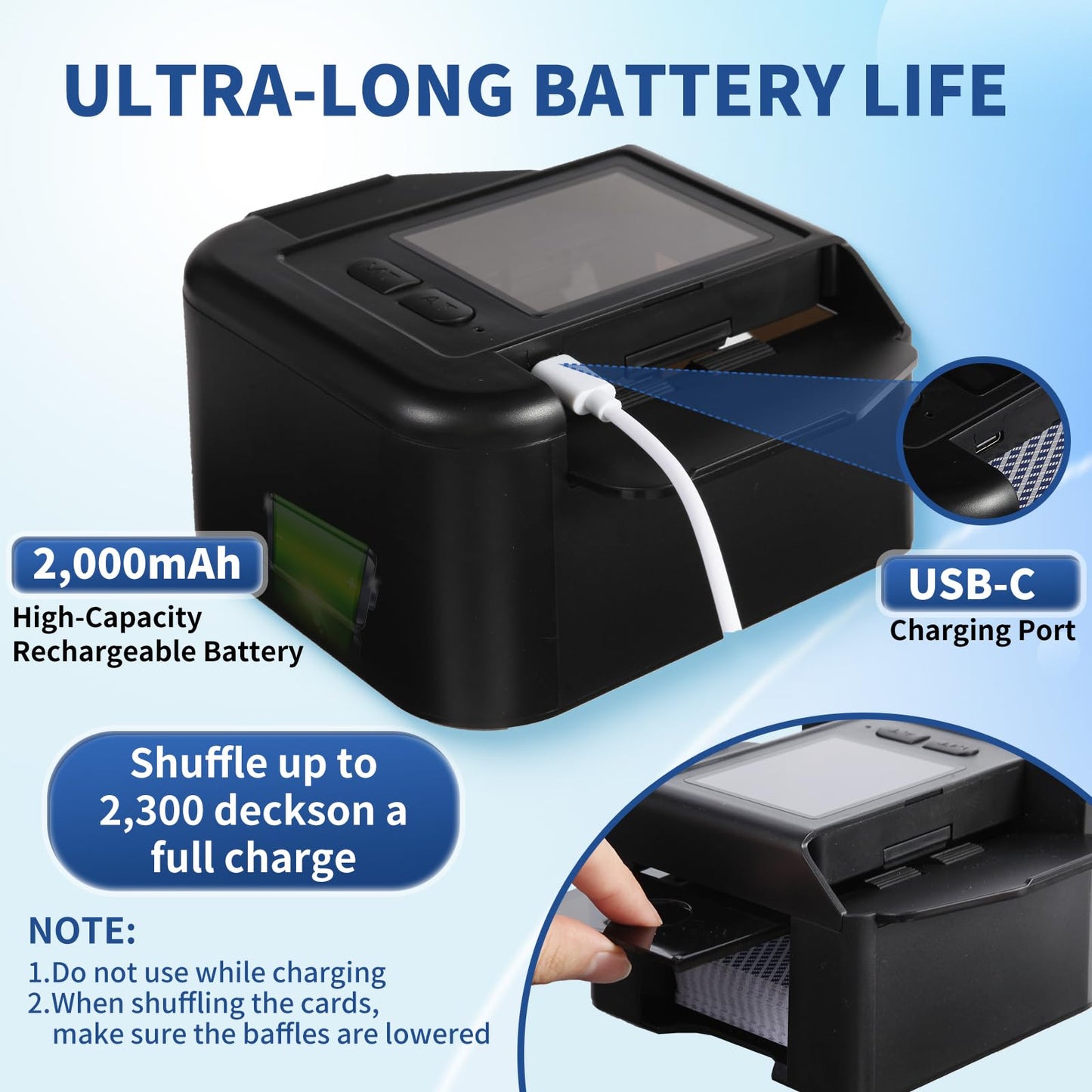 Lxjmcwio Quiet Automatic Card Shuffler 1-2 Deck, 2000 mAH USB-C Rechargeable Electronic Card Shuffler, One-Press AUTO and Manual Card Shuffle Machine for UNO Poker Blackjack Skip-Bo Phase 10 (Black)