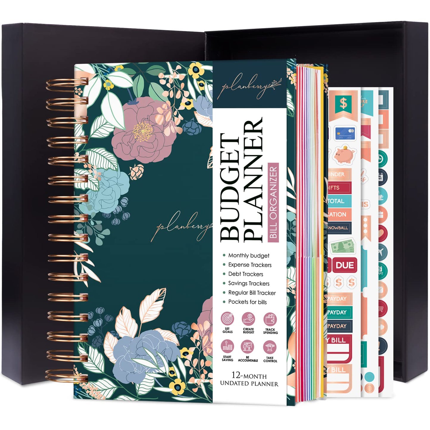 PLANBERRY Budget Planner & Monthly Bill Organizer with Pockets Premium – Home Finance & Bill Payment Organizer – Budgeting Book with Income & Expense Tracker - 7x8.5″ Hardcover (Spring Bloom)
