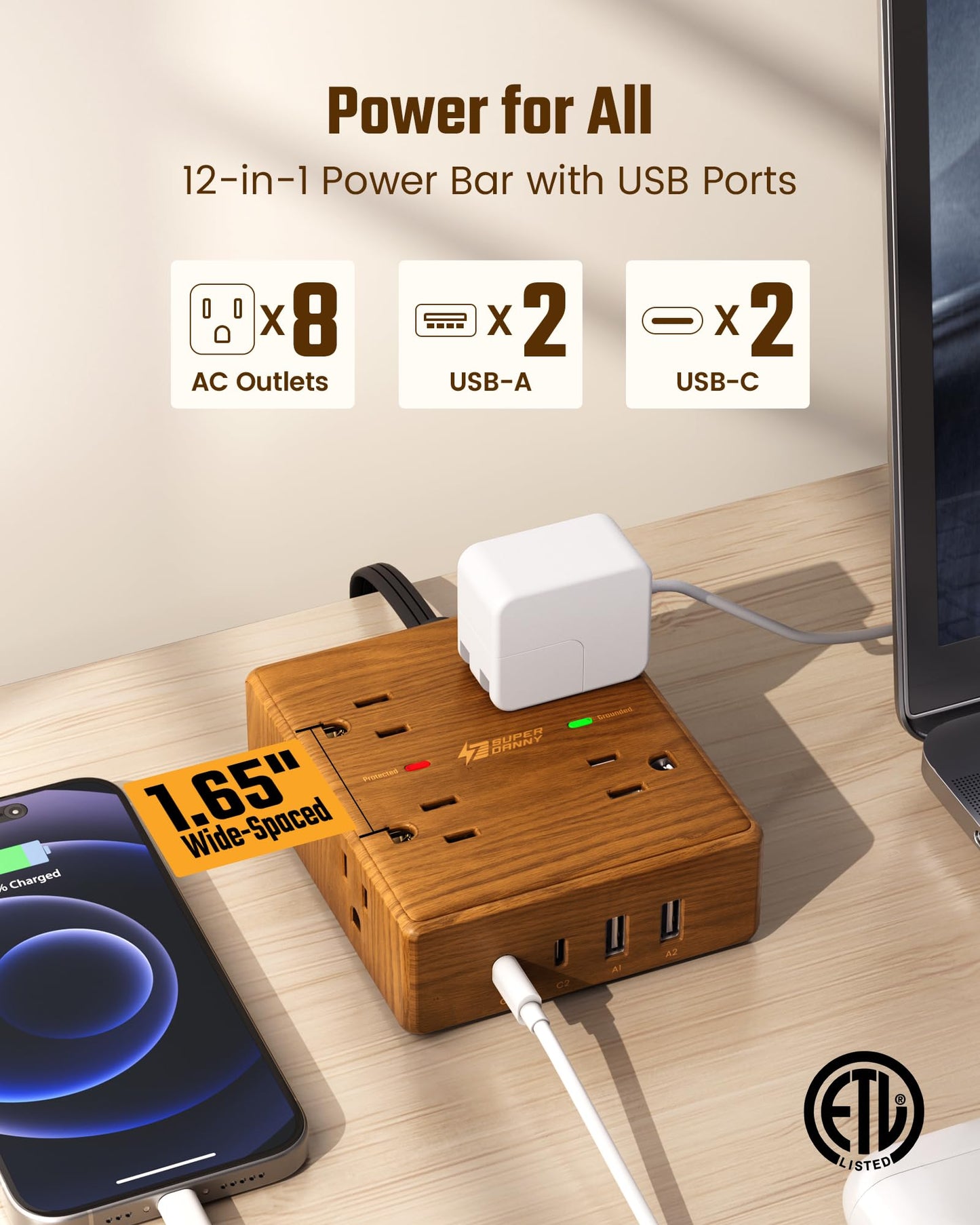 Brown Extension Cord 10Ft, Flat Plug Power Bar Surge Protector, 8 Outlets & 4 USB Ports (2 USB C), Desktop Charging Station Hidden Behind Furniture, Decorative Office Desk Accessories (Wood Grain)