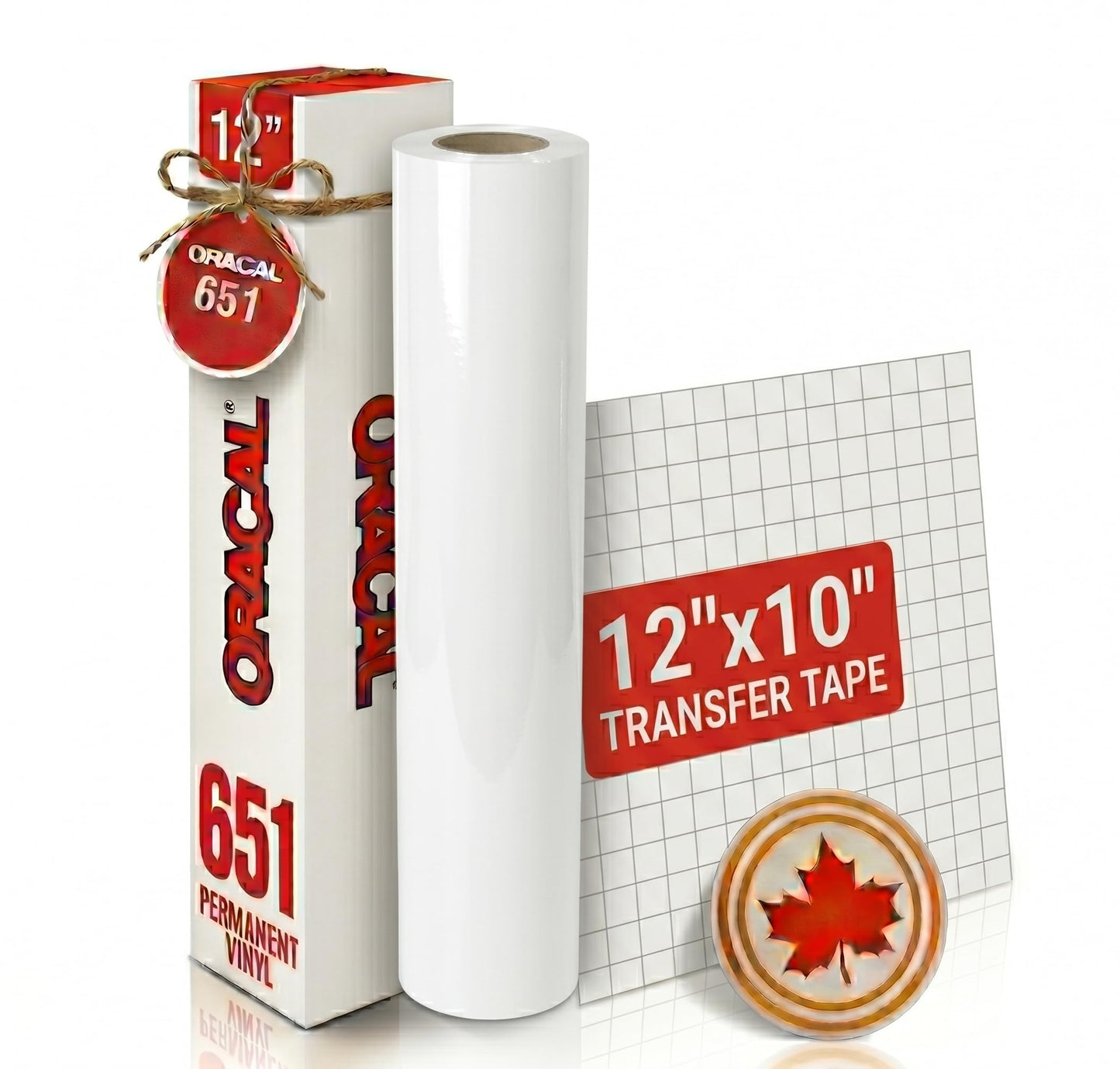 Roll of Oracal 651 White Craft Vinyl - Permanent Adhesive Vinyl for Cricut, Silhouette, and Cameo Vinyl Cutters - Matte Finish - Outdoor and Indoor - Bonus 3.8" Maple Leaf Decal (12 Inch x 20ft)