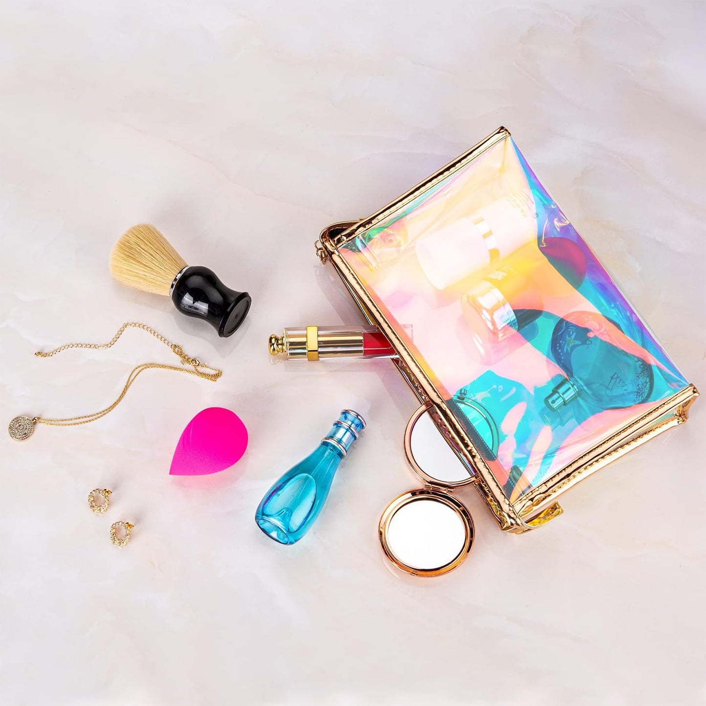 Voittozege 10 Pcs Holographic Makeup Bag Bulk Iridescent Makeup Pouch Clear Bachelorette Bag Portable Zippered Toiletry Bag Waterproof Cosmetic Gift Bags for Organizer, Brushes,Women Gifts